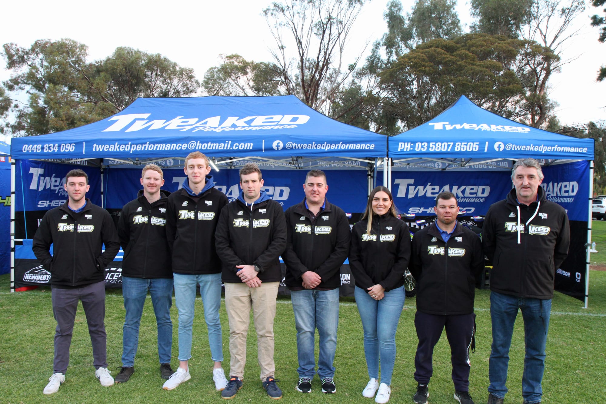 Top Team ... The Tweaked Performance racing team (L to R), Will Edward, Charlie Anderson, Lachlan McLelland, own-er/manager Ryan Cossens, Ben Scott, Angela Scott, Luke Stafrace and Will Edward at the Hattah Desert Race. (Absent: Darcy Arnell).