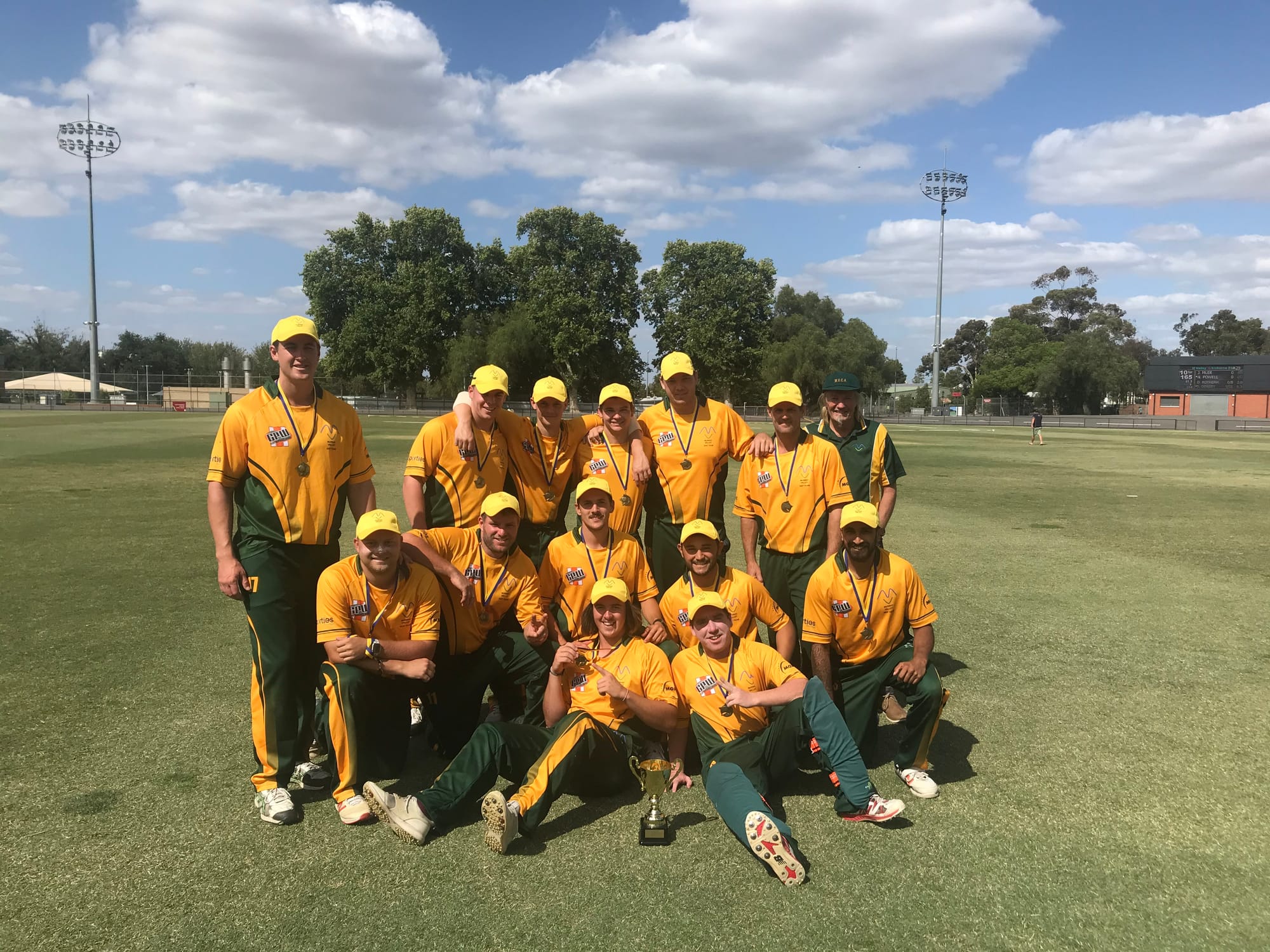 Two out of three ... Murray Valley Cricket Association won its second Bendigo Country Week title in three years last week. Standing: Brodie Ross, James Tierney, Sam Dorsey, Dylan Rotherham, Brad Todd, Luke Quinn, Mick Cleary.
On knee: Wian Van Zyl, Andrew Hogan, Adam Decicco, Kieran Andrew, Saran Kalsi.
Sitting: Riley Gow, Jonty Tubb.