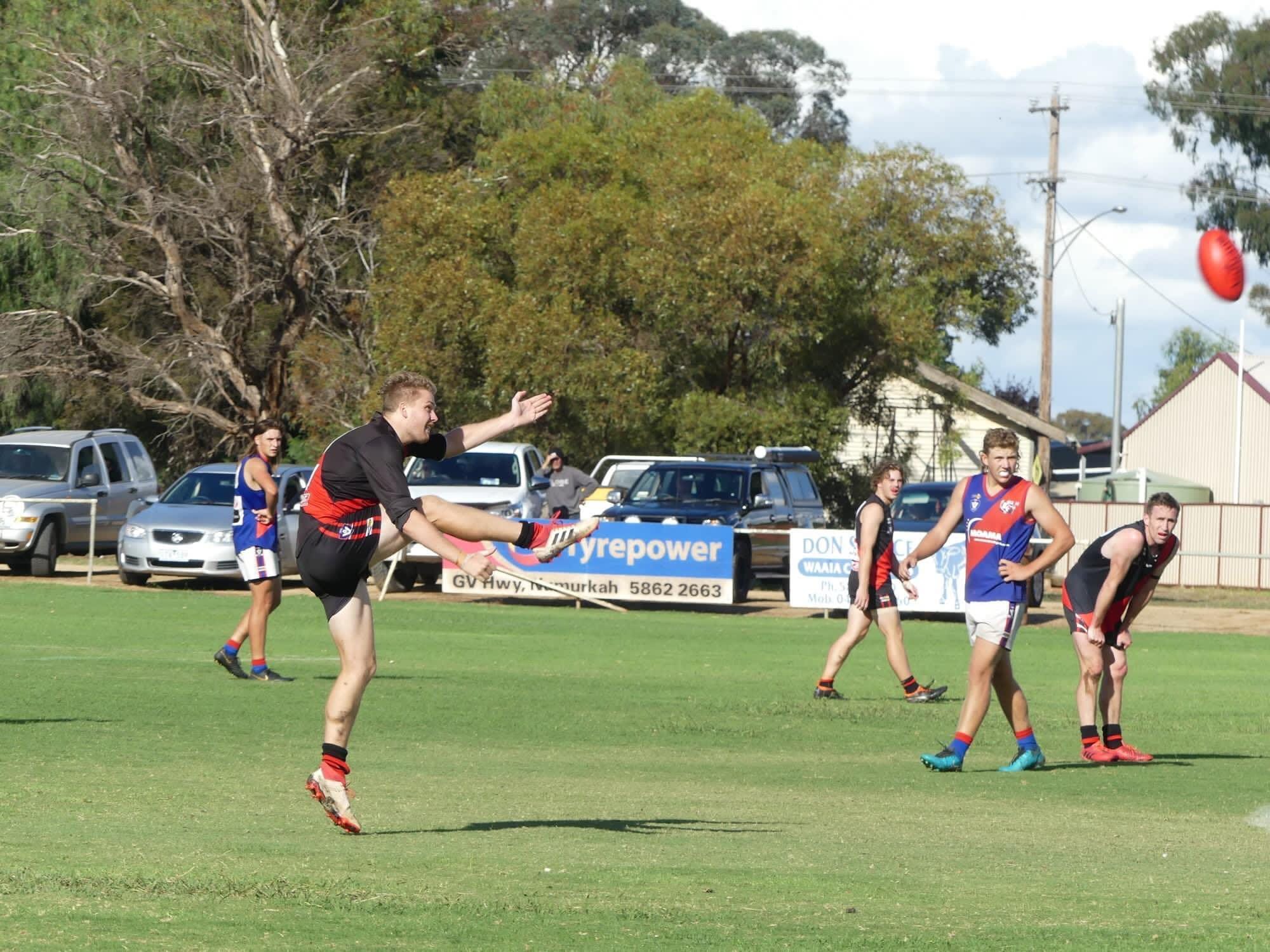 Bang... Jesse Trower boots one of his five goals for the match.