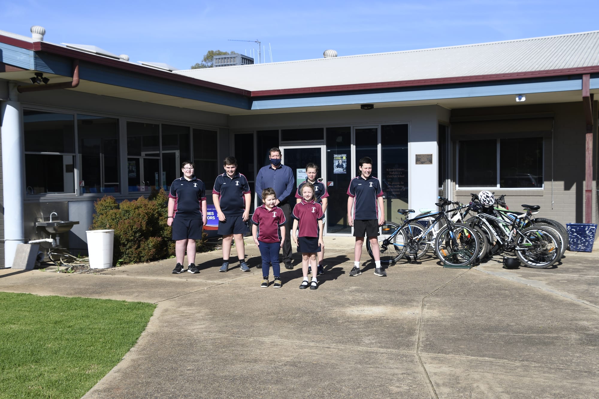 Kickstart grant ... St Francis’ School students excited to be back at school, with brand new facilities on the way. Riley Sanders, Aiden Botterill, Matt Knight (Principal), (front) Celeste Sanders, (front) Caitlin Murray, Charlotte Whyte, Patrick Ryan.