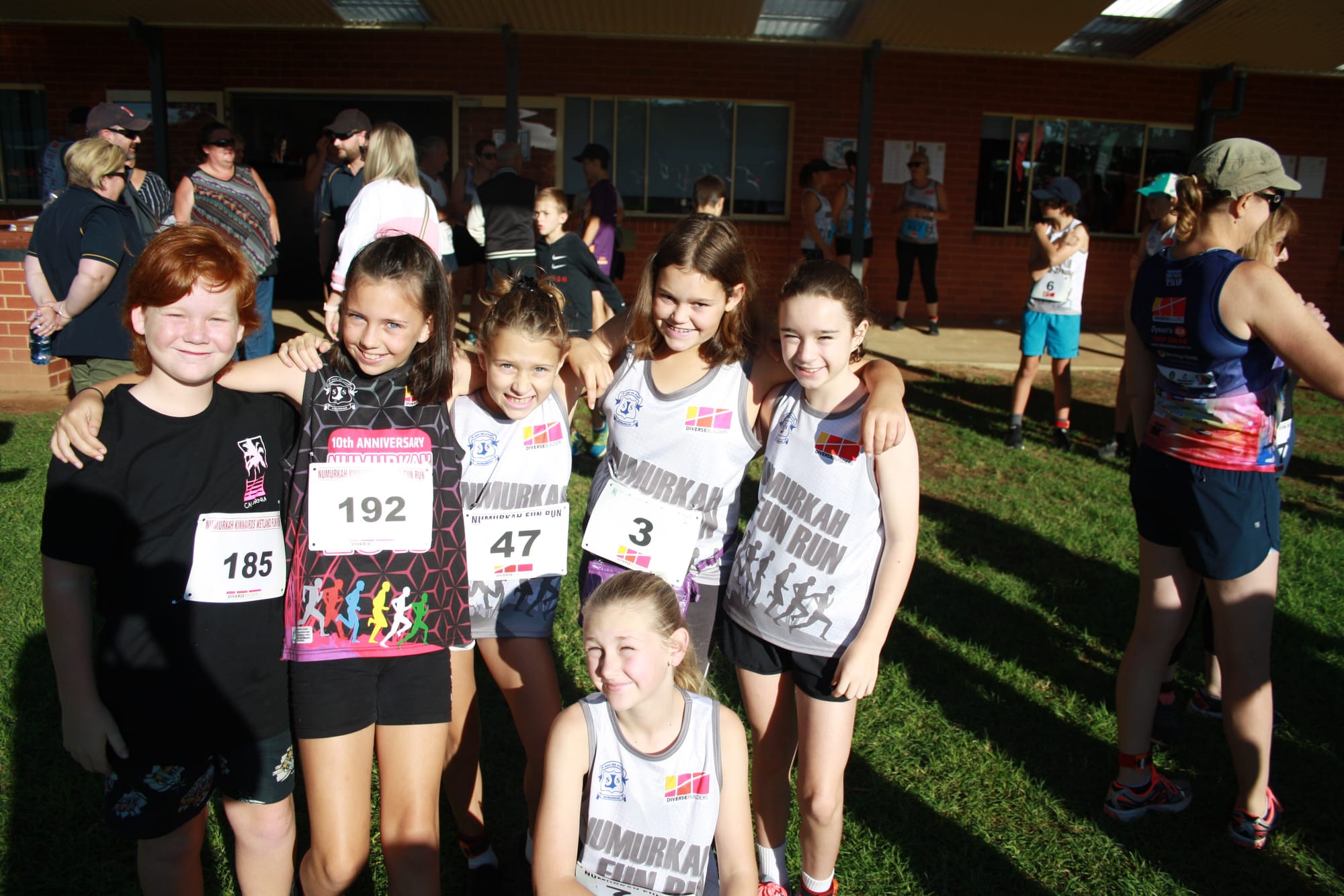 Social event... Back (from left): Charlie Jenner, Remi Storer, Macie Gilmour, Mathilda Trimble, Eve Boase and (front) Summa Neyland enjoyed the chance to get together following their runs.
