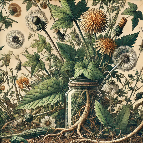 Illustration of intertwined weeds and wild plants, including dandelions, nettles, and wildflowers.