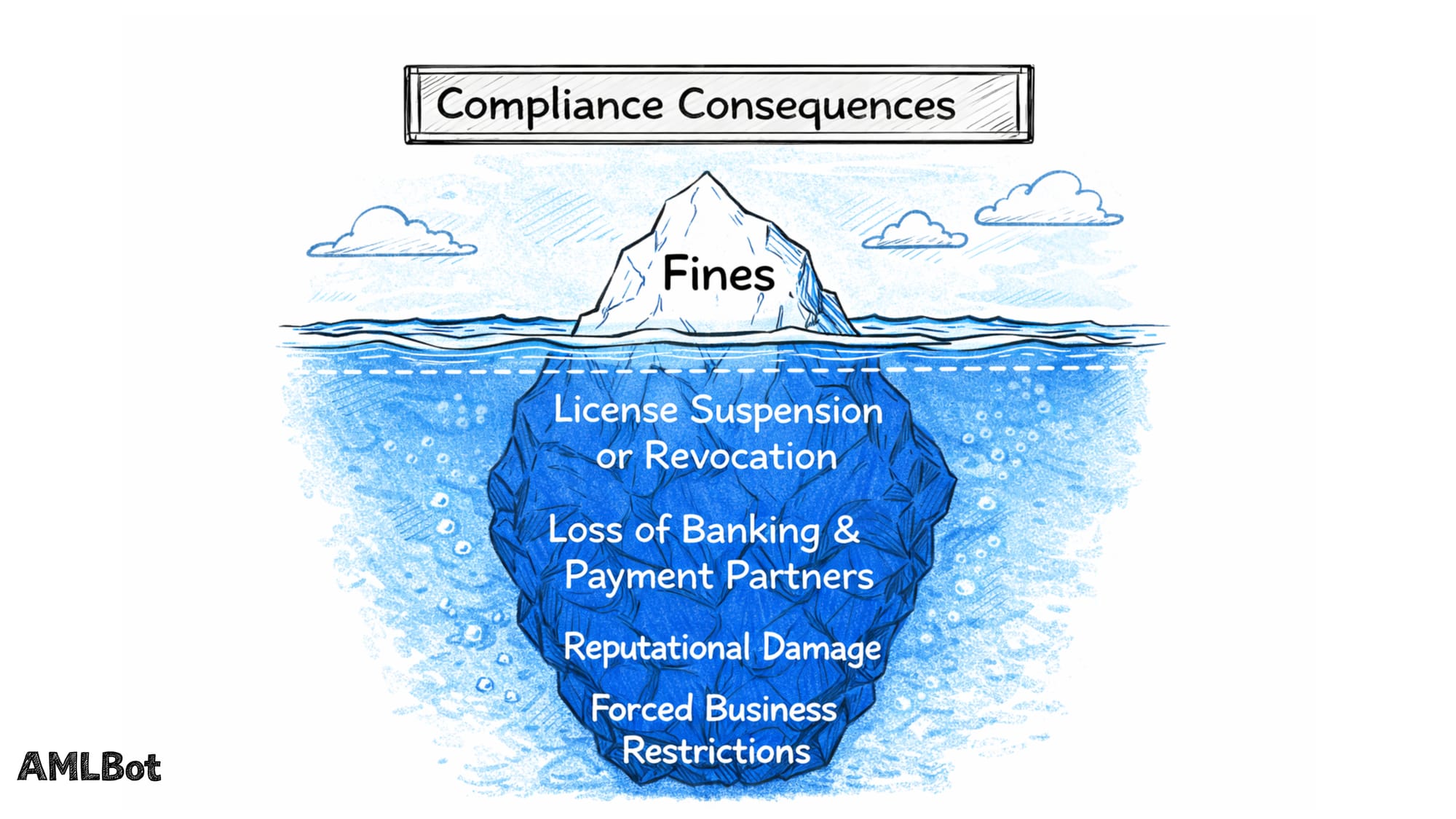 Iceberg graphic showing “Fines” as the top above water, and underneath larger sections labeled “License Loss,” “Banking/Partner Exodus,” and “Reputation Damage,” indicating that these less visible effects of AML/KYC failures can be more threatening than the fine itself.