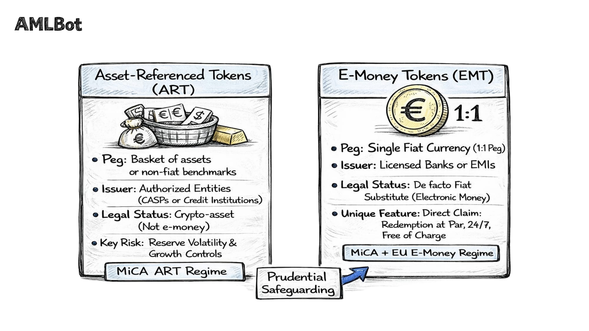Comparison chart of ART and EMT under MiCA. ART is shown as a basket of assets (gold, currencies) under the MiCA regime. EMT is shown as a single fiat-pegged token issued by banks or EMIs, emphasizing the direct legal claim and 1:1 redemption rights at par value.