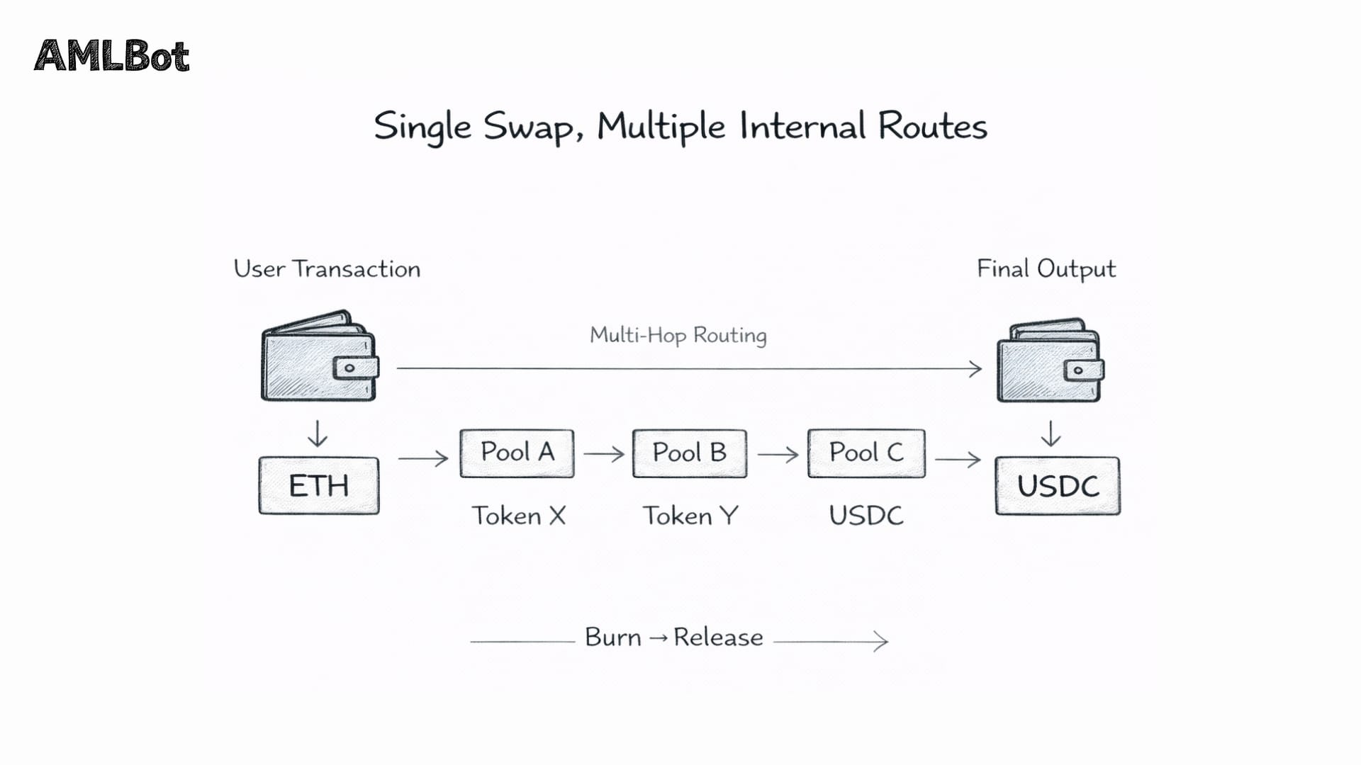 Infographic titled "Single Swap, Multiple Internal Routes" showing a user transaction starting as ETH and routing through multiple liquidity pools and intermediate tokens before emerging as USDC.