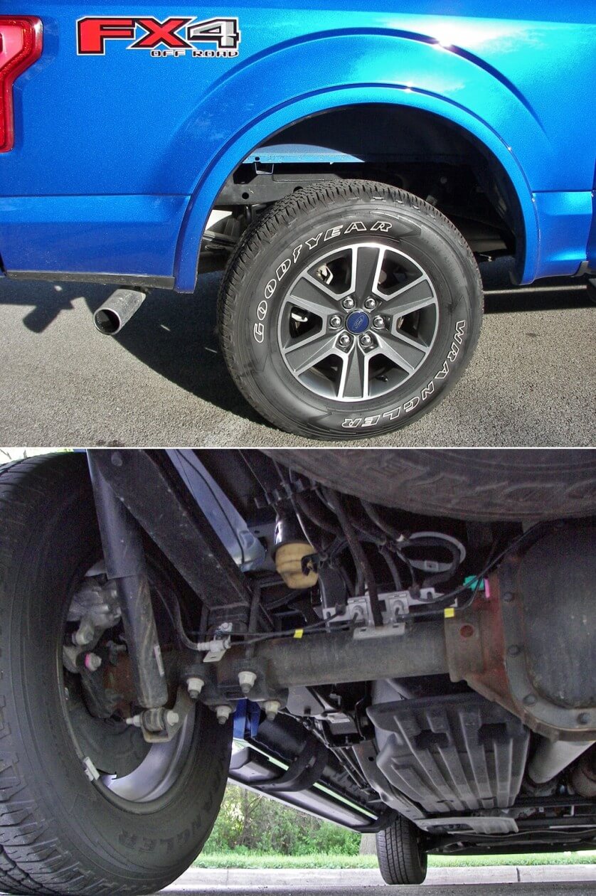 2016 Ford F-150 Supercrew 4x4 Lariat: front double wishbone, rear leaf spring live axle, 18" wheels, 4-wheel disc brakes