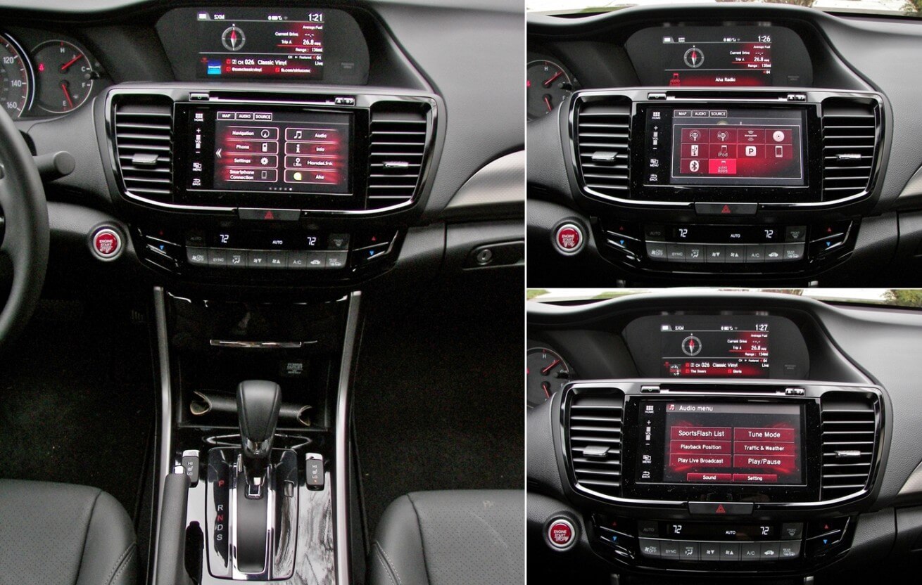 2016 Honda Accord Coupe V6 Touring: dual center stack LCD displays: Upper contains trip & audio info; lower 7"-inch HondaLink touch infotainment display