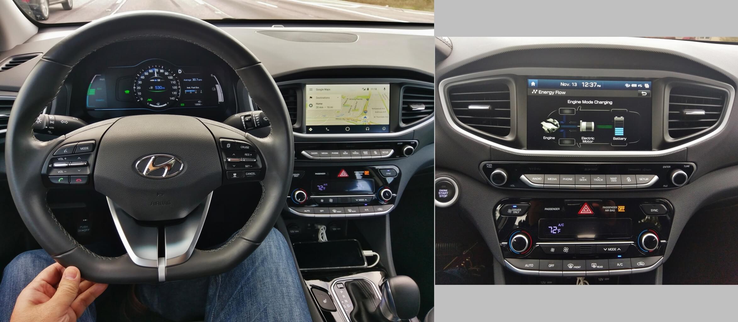 2017 Hyundai Ioniq Hybrid Limited: TFT Gauge cluster displays adaptive cruise control, lane departure mitigation; Energy flow diagram featured on 8"-inch LCD infotainment screen
