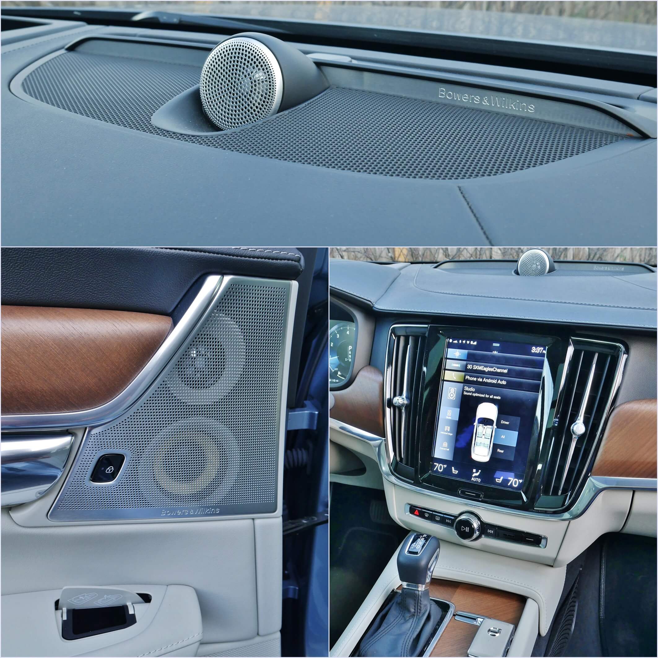 2018 Volvo S90 T6 AWD Inscription: optional Bowers and Wilkins 1400 watt sound system warms audiophiles' ears, showing off dash top mounted Nautilus high dispersion tweeters and Kevlar drivers among the 19 total speakers