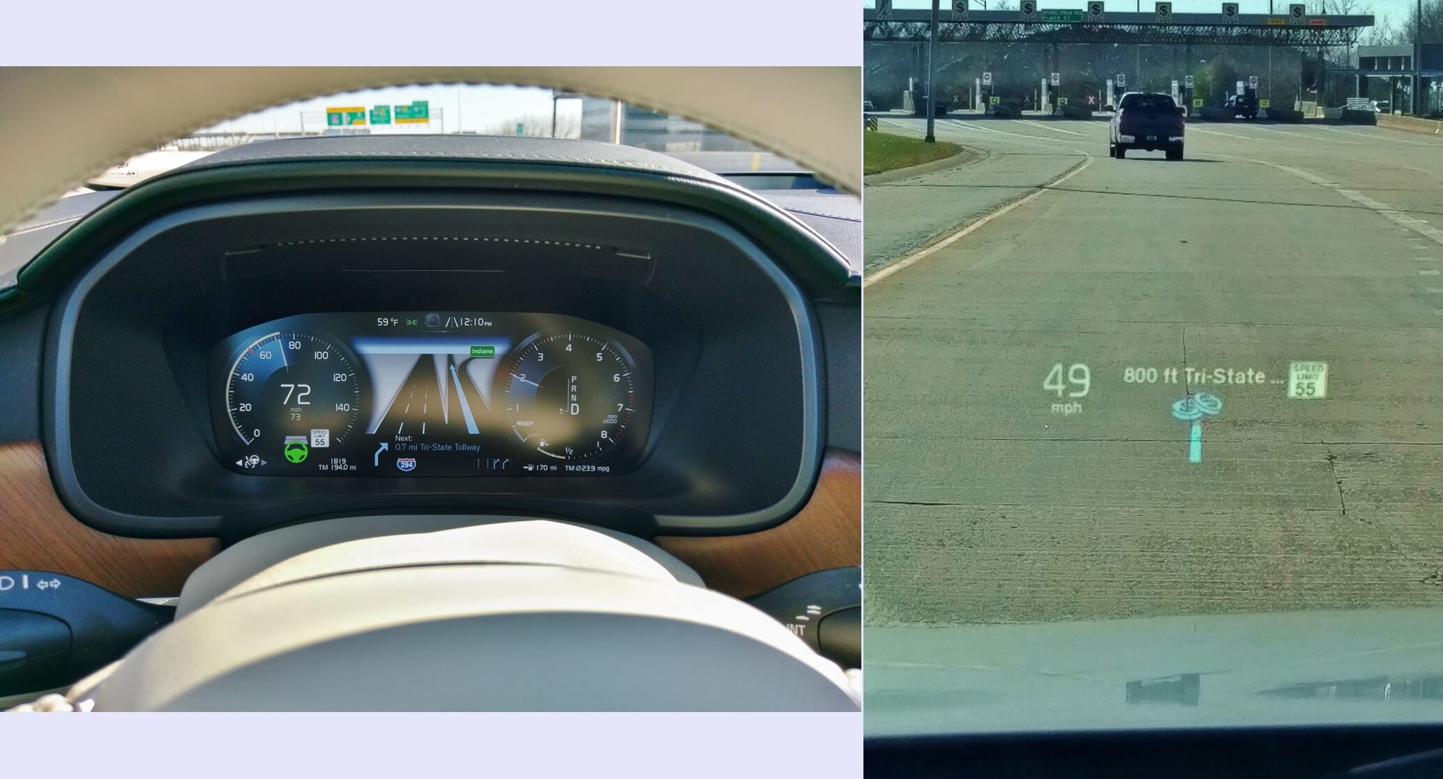 2018 Volvo S90 T6 AWD Inscription: native GPS navigation route sandwiched between dual LCD gauges in 12.3" LCD Digital Instrument Display; HUD says: "When approaching toll plaza have $$ coins ready."