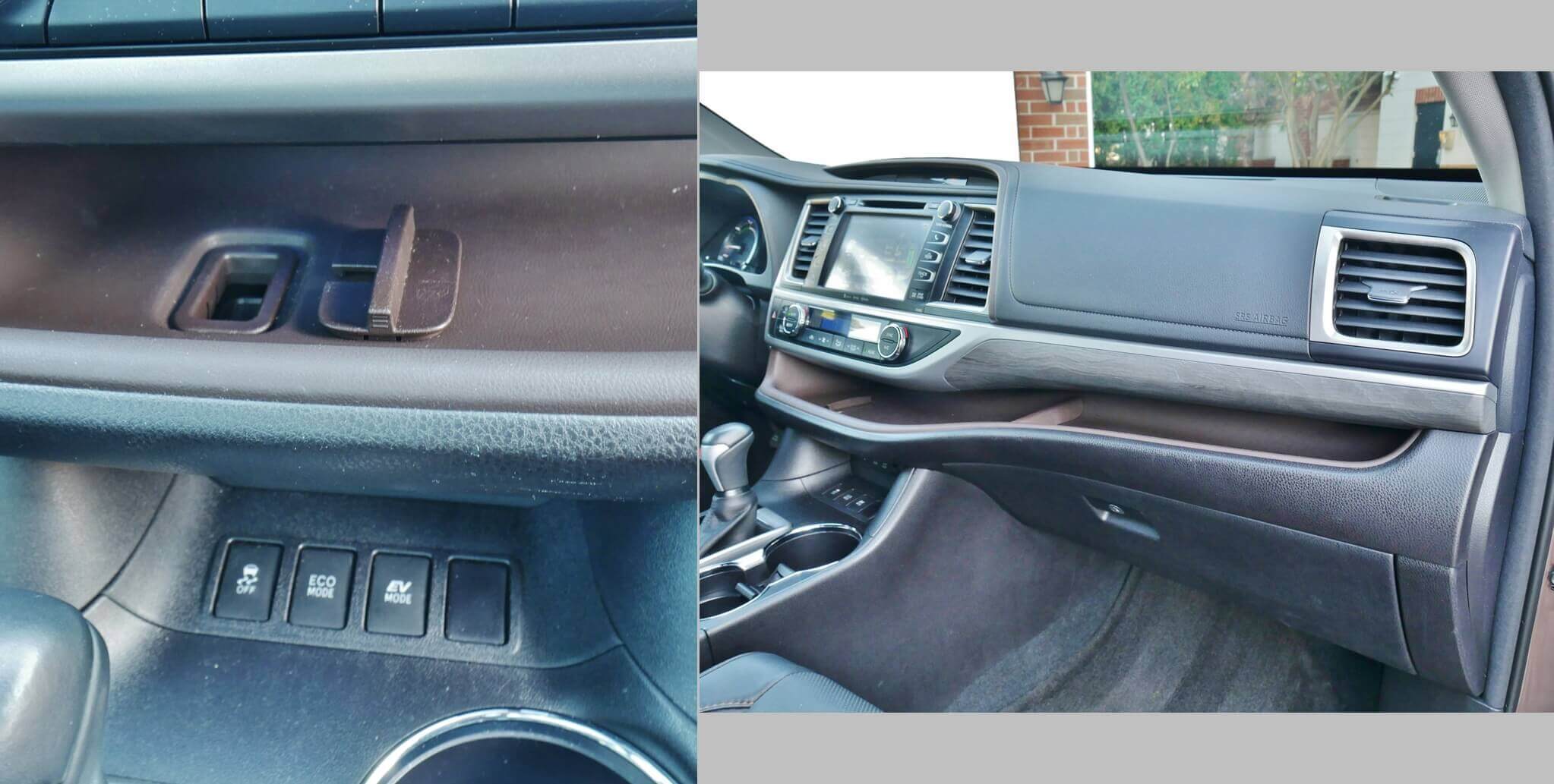 2017 Toyota Highlander Hybrid Limited Platinum AWD: instrument panel shelf w/ pass through cable management can accommodate wireless devices and then some