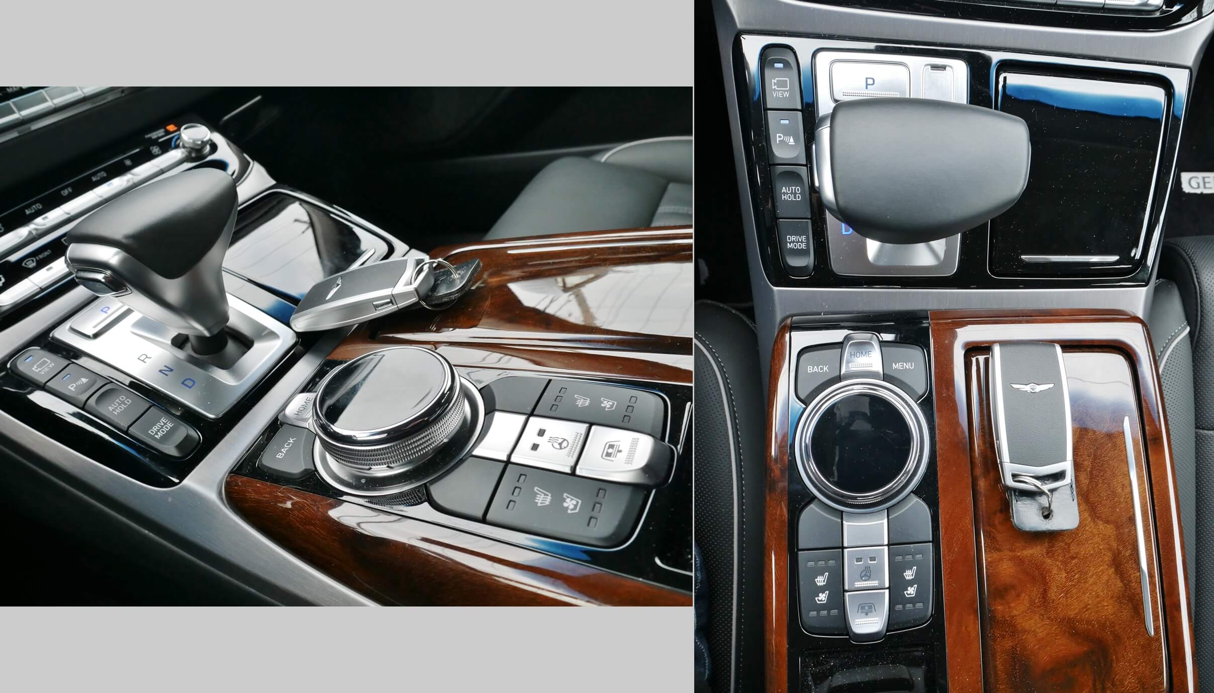 2018 Genesis G90 3.3T AWD: center console imprecise toggle transmission position selector, precise crafted switches & rotary infotainment screen controller