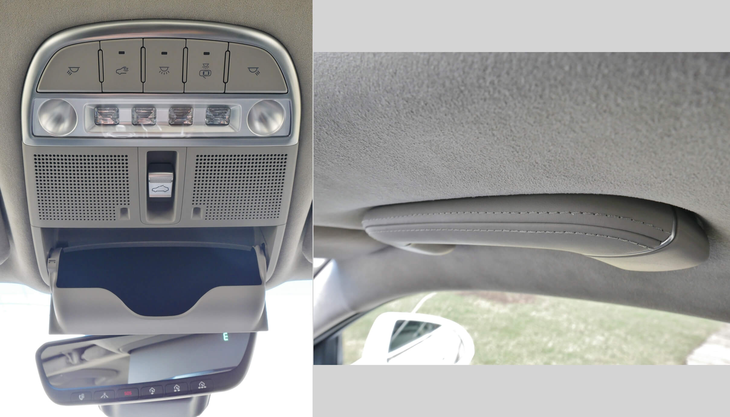 2018 Genesis G90 3.3T AWD: front overhead console; alcantara sueded ceiling w/ fine stitched nappa leather grab handles