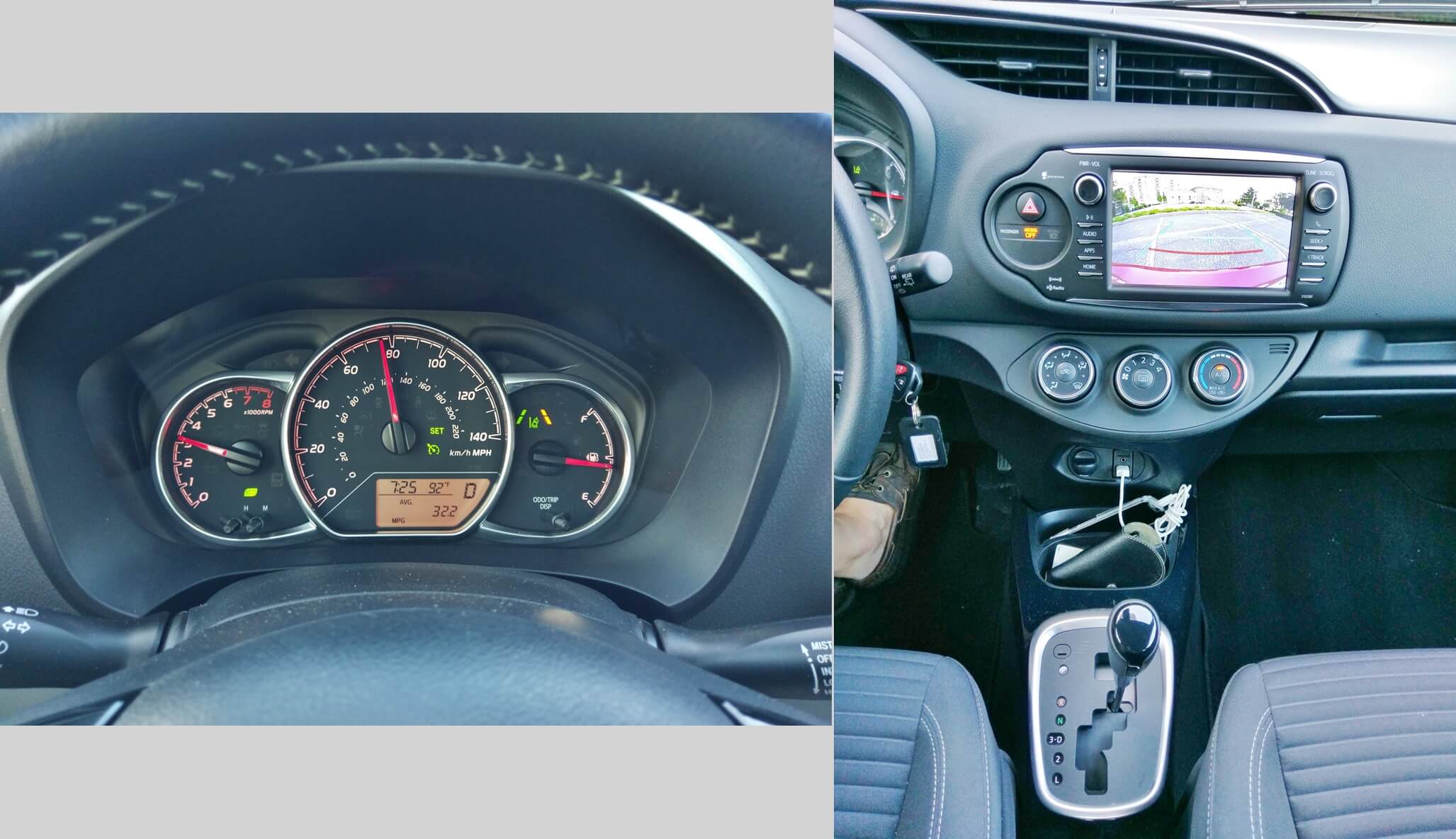 2018 Toyota Yaris 5 Door SE: standard Safety Sense C = Lane departure warning, Pre-collision braking, Automatic High Beam headlights and Rear camera with park guidance grid lines.