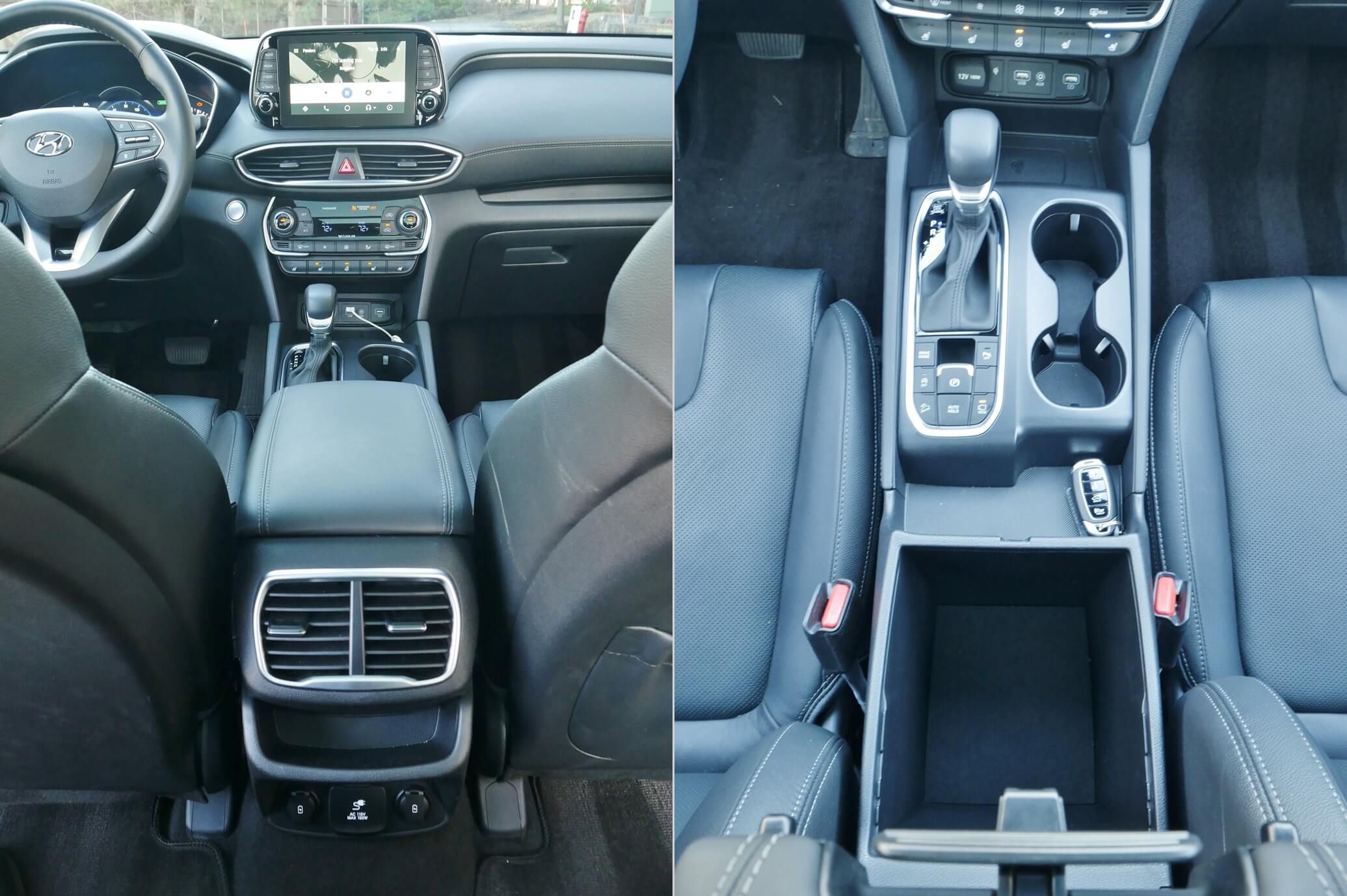 2019 Hyundai Santa Fe 2.0T Ultimate AWD: center console w/ storage and 2nd Row power ports