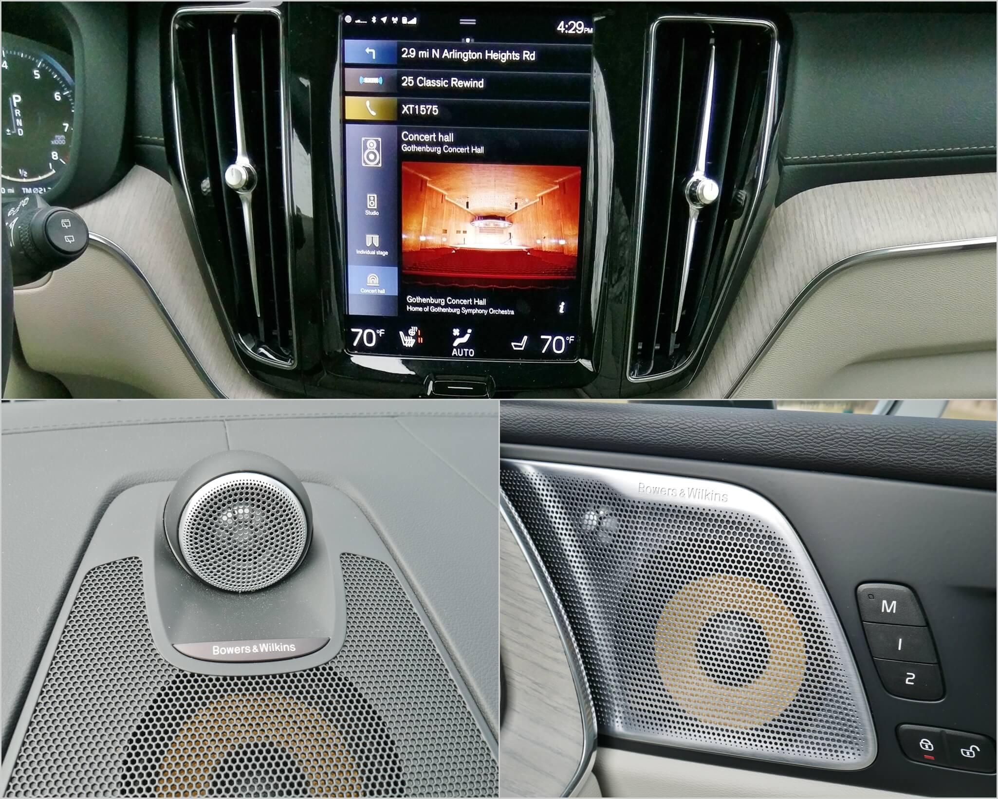 2018 Volvo XC60 T6 AWD Inscription: 19 speaker, 1400 Watt DTS 5.1 Bowers & Wilkins audiophile sound system with dashtop Nautilus titanium dome tweeter and Kevlar yellow drivers.