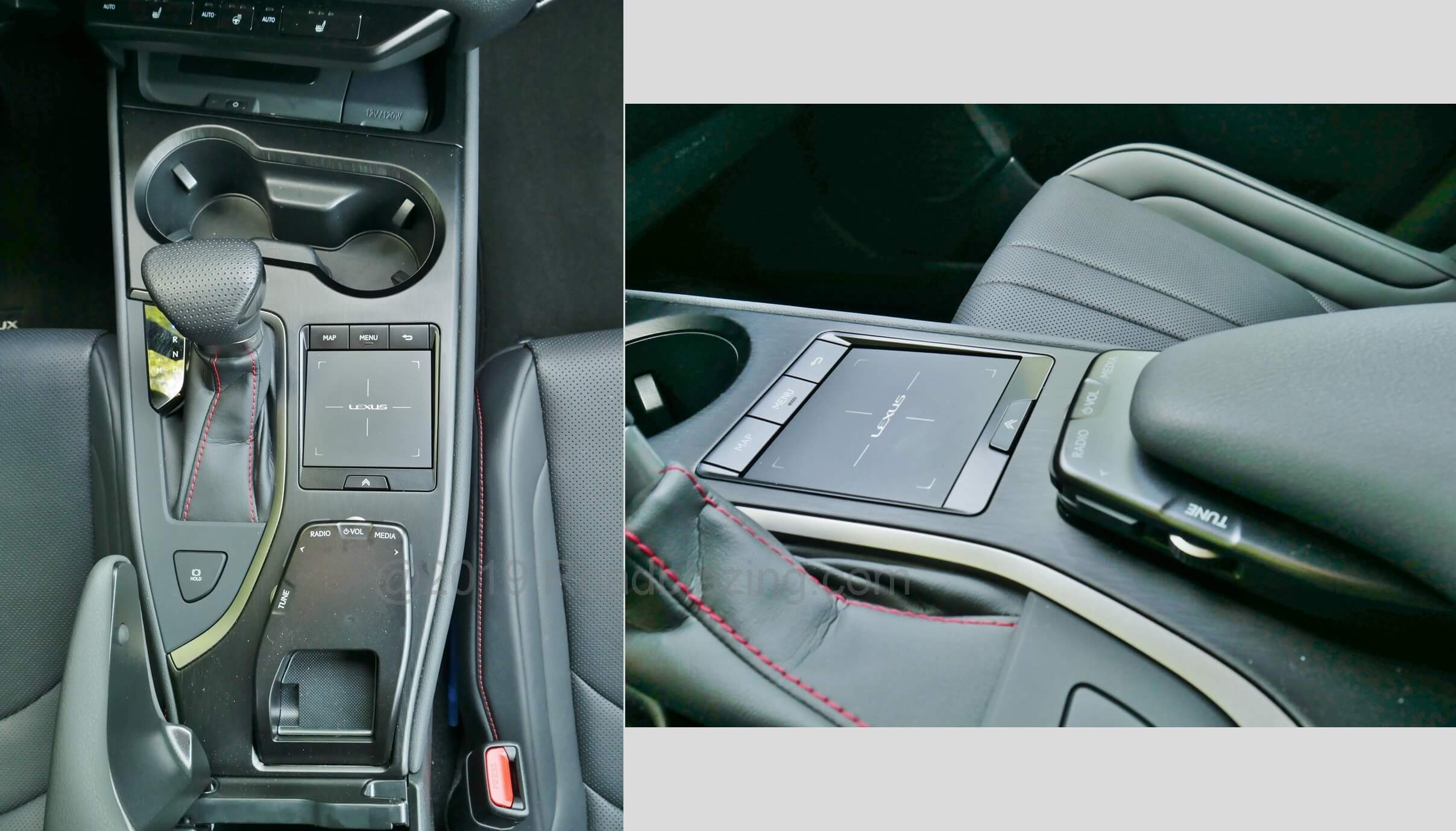 2019 Lexus UX 200 F-Sport: infotainment screen's Remote Touch Interface now enlarged with gesture capability and enhanced haptics. Thumbwheel dial and switch audio controls protrude aft from under center armrest.
