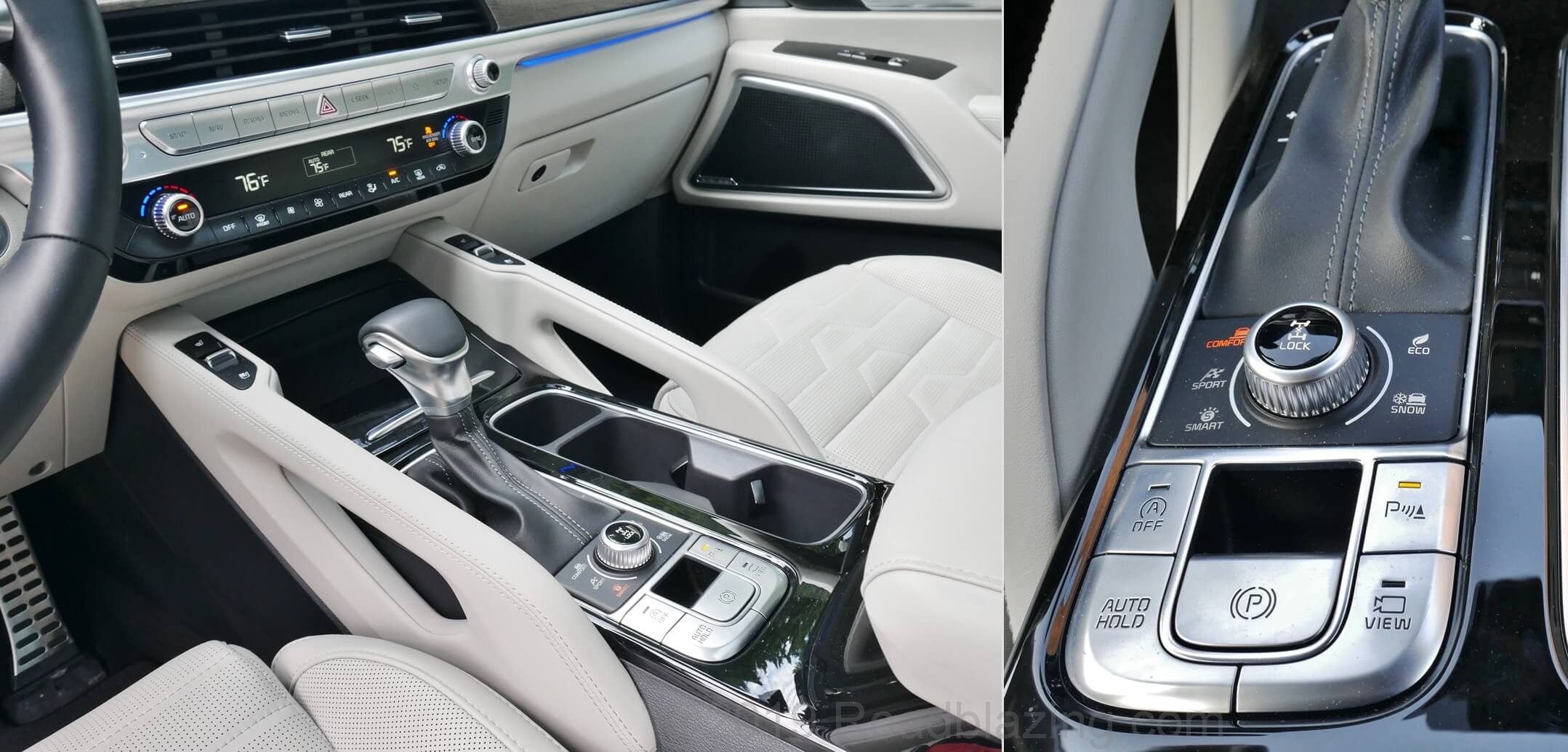 2020 Kia Telluride SX AWD: center console inboard leather padded grab handles, precision bezeled metal switchgear, grooved knobs.