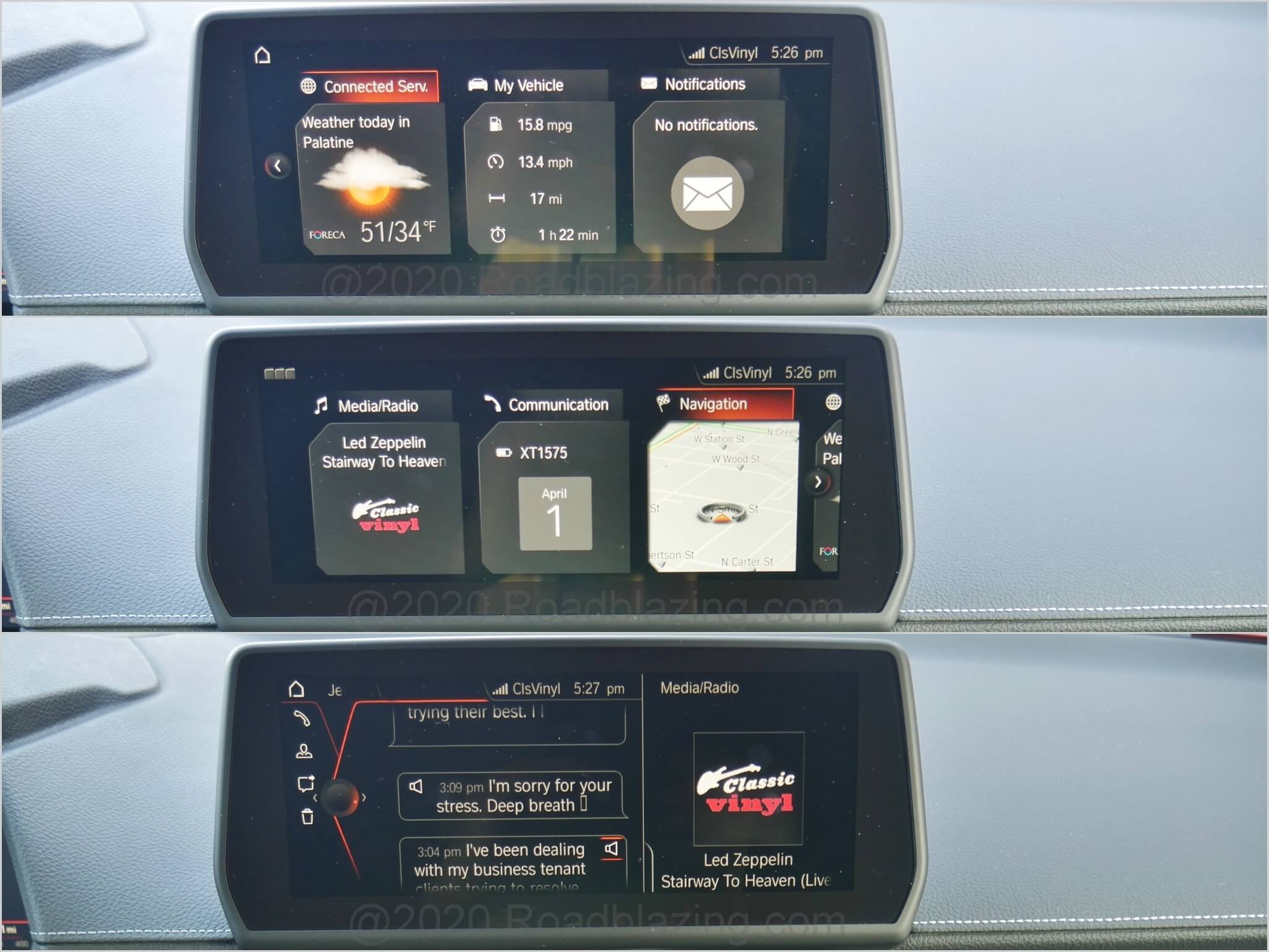 2020 Toyota Supra GR 3.0T Premium: Tri-pane infotainment and SMS voice communications displayed on 8.8" touch and IDrive remote knob controlled LCD mid-dashtop screen