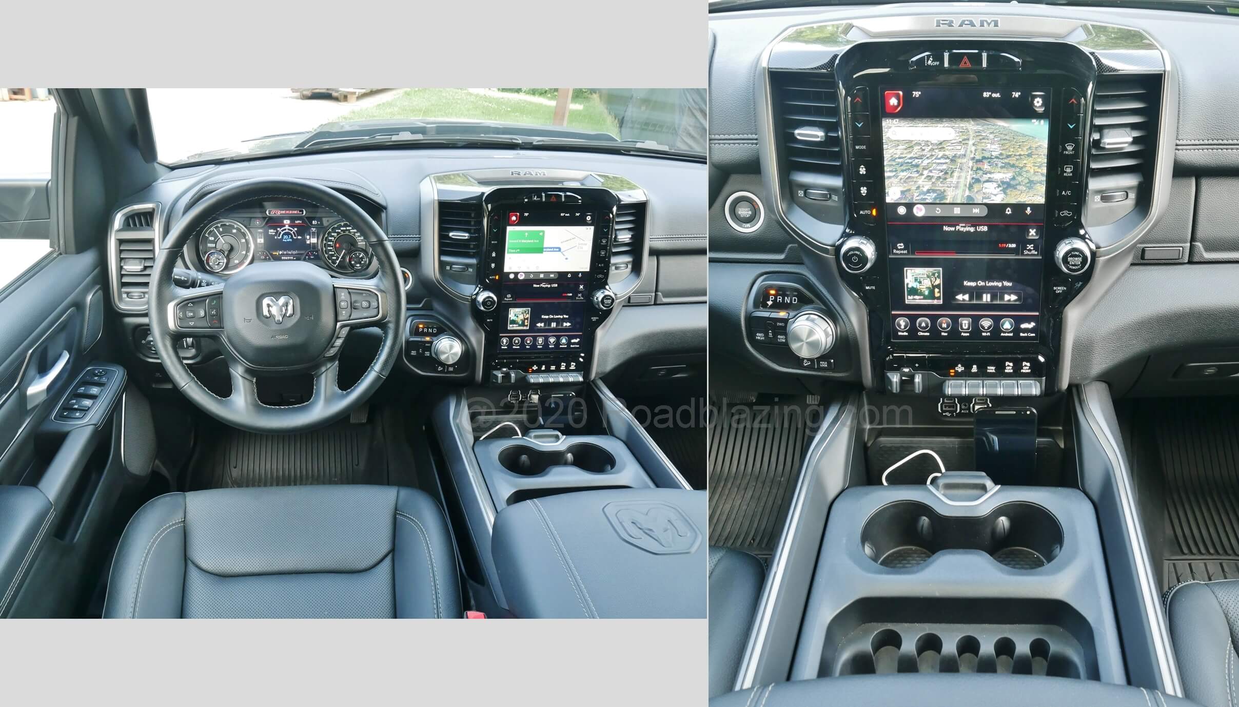 2020 RAM 1500 Rebel Crew 4x4 TDi: Android Auto phone projection landscape orientation splits 12.0" inch portrait LCD infotainment screen