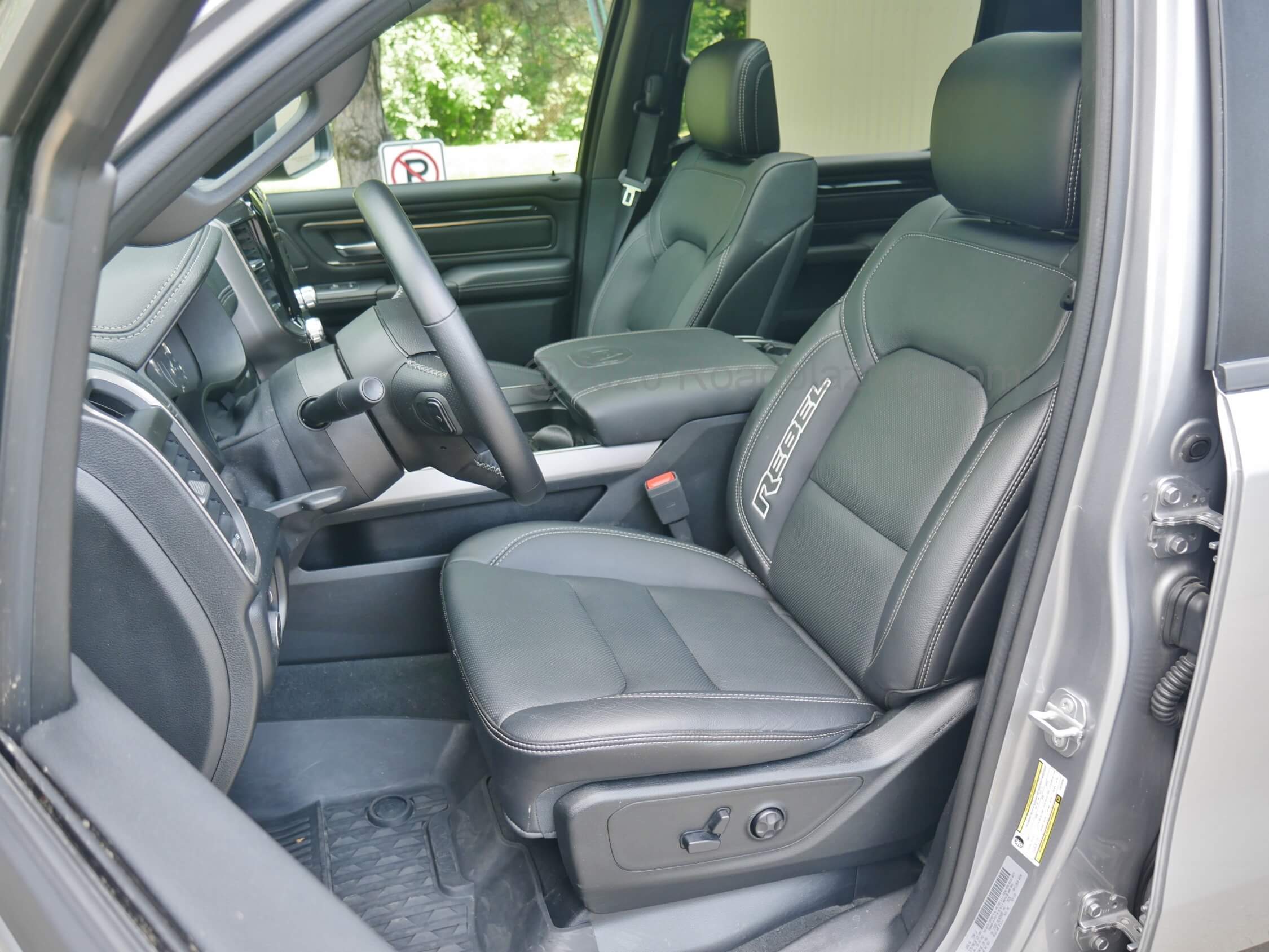 2020 RAM 1500 Rebel Crew 4x4 TDi: power adjusting, heated leather front bucket seats w/ REBEL embossing on inboard torso bolsters