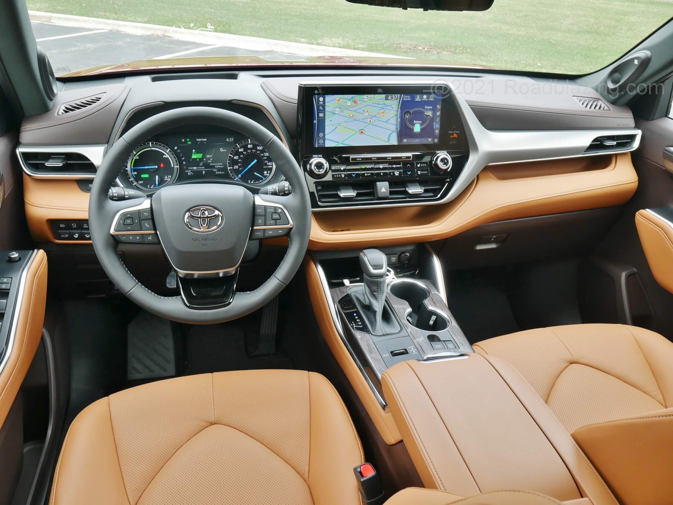 2020 Toyota Highlander Hybrid Platinum AWD: stylish horizontal tuning fork framing new 12.3" tri-pane touch LCD media display dominates re-imagined Highlander Platinum cockpit