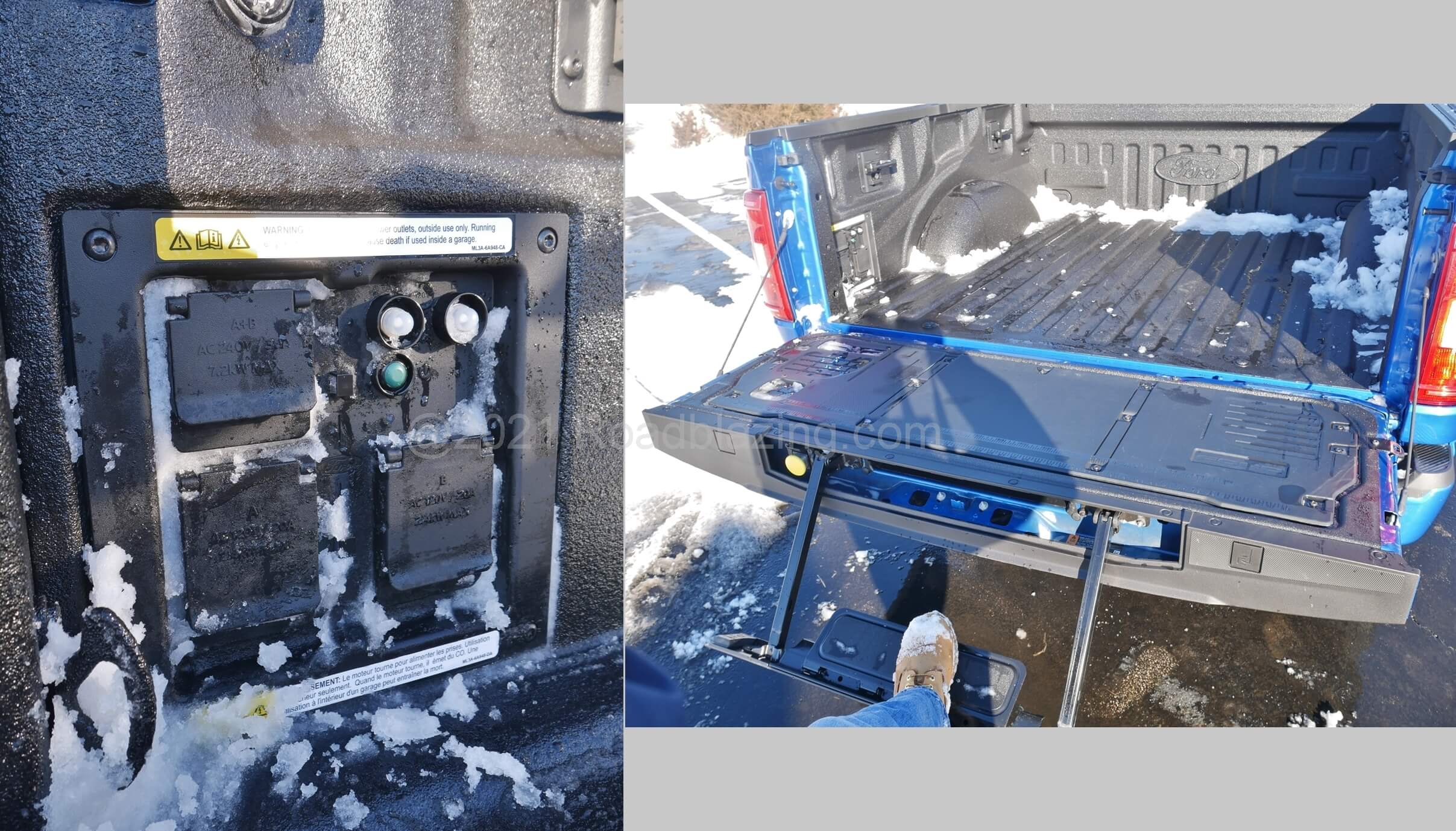 2021 Ford F-150 Supercrew XLT 4x4 PowerBoost hybrid: house powering 7200 watt Pro Power Onboard supply and fold-out tailgate step
