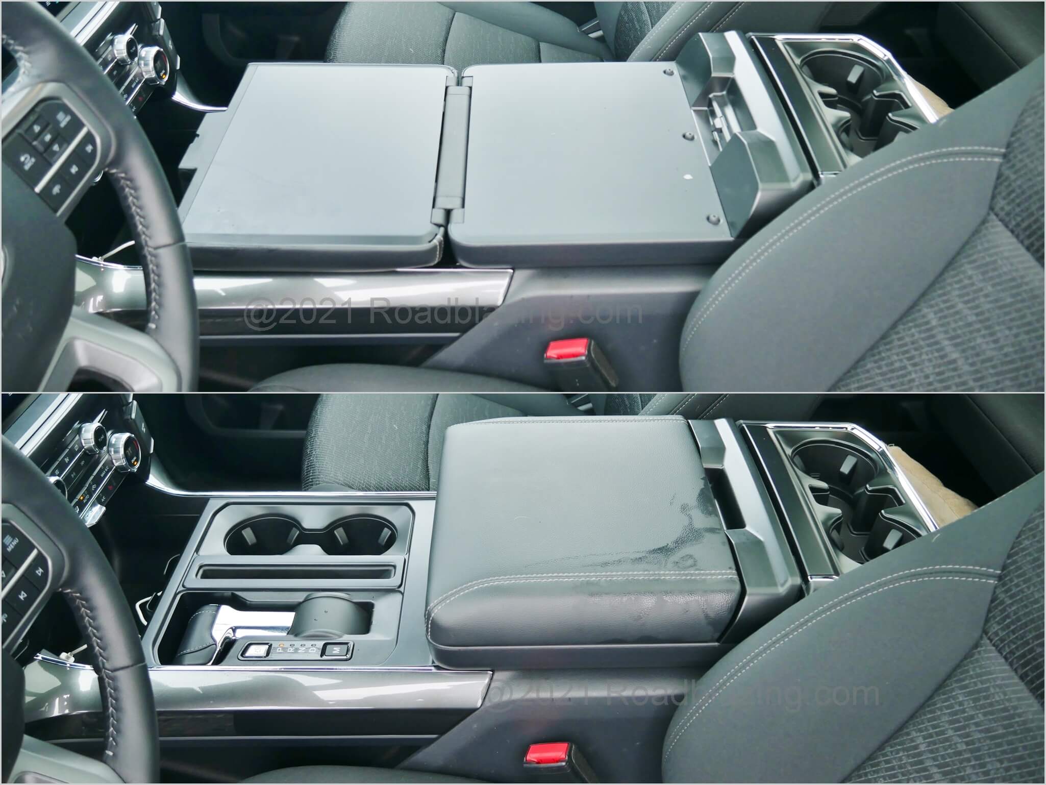 2021 Ford F-150 Supercrew XLT 4x4 PowerBoost hybrid: with transmission shift lever folded armrest unfolds into work surface table
