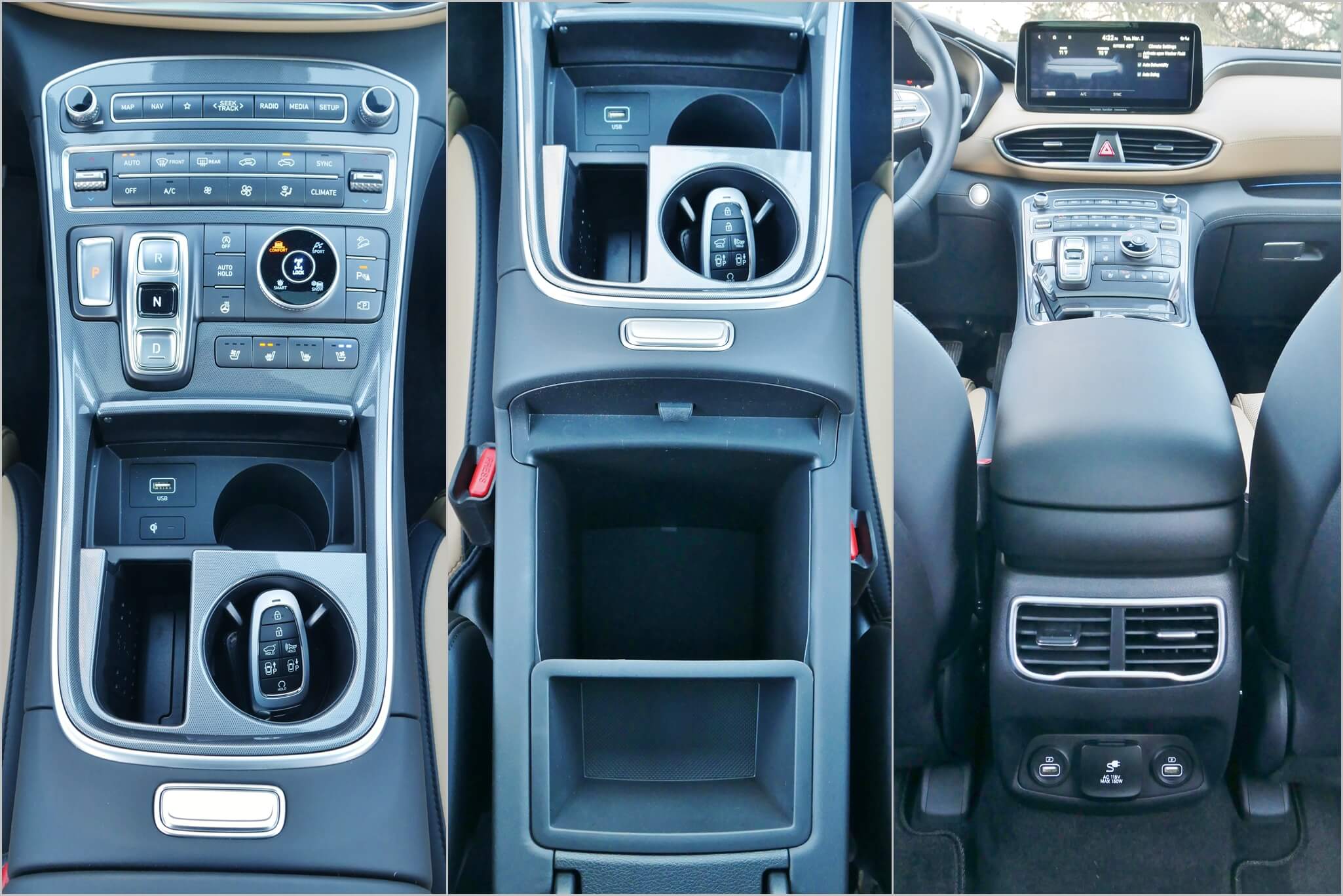 2021 Hyundai Santa Fe 2.5T Calligraphy AWD: lever-free floating center stack flow to console highlights simplicity and added storage space