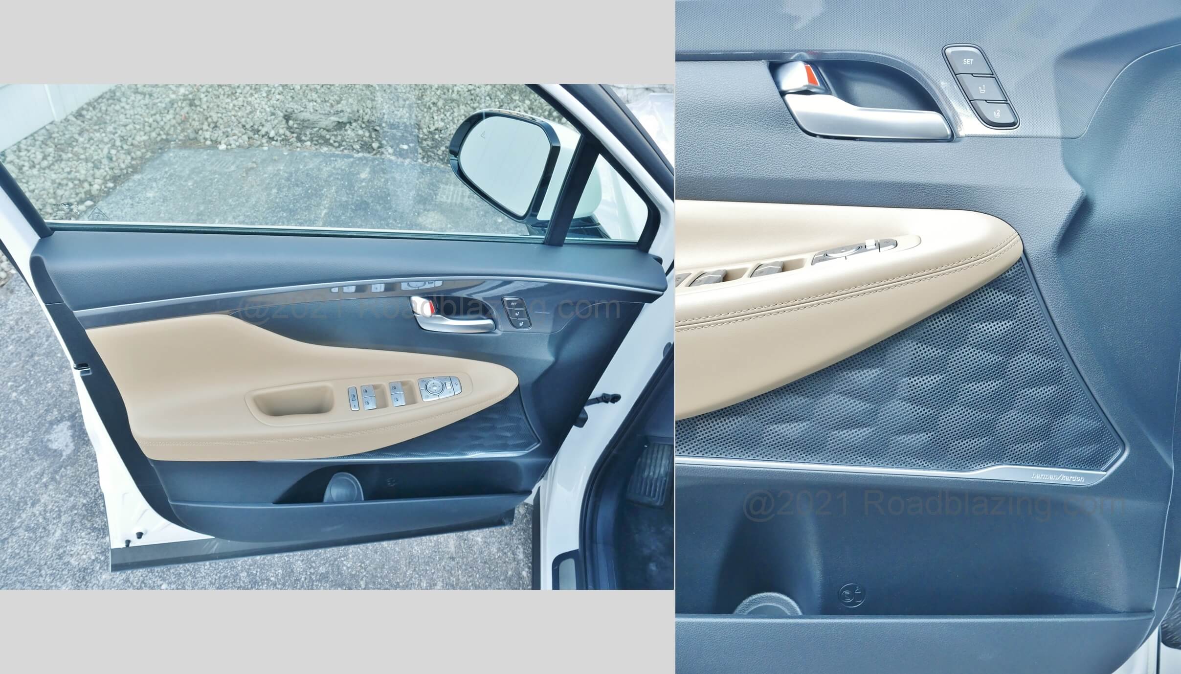 2021 Hyundai Santa Fe 2.5T Calligraphy AWD: brushed metallic controls, abundant pockets and quilted Harman Kardon speaker grilles adorn driver's door