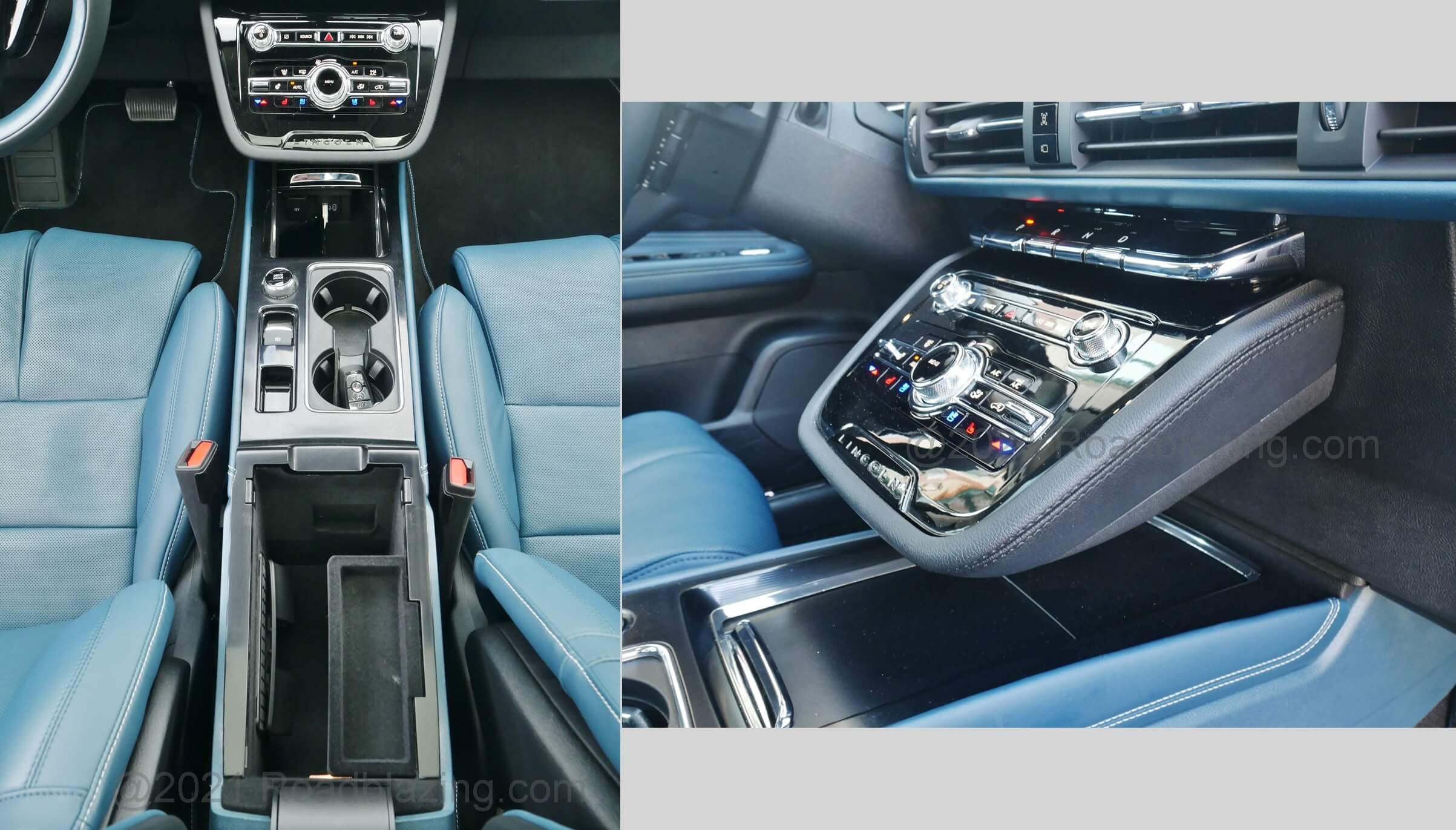 2021 Lincoln Corsair 2.3T AWD Reserve: Abundant front center console storage owing to floating shelf center stack and toggle button transmission selector
