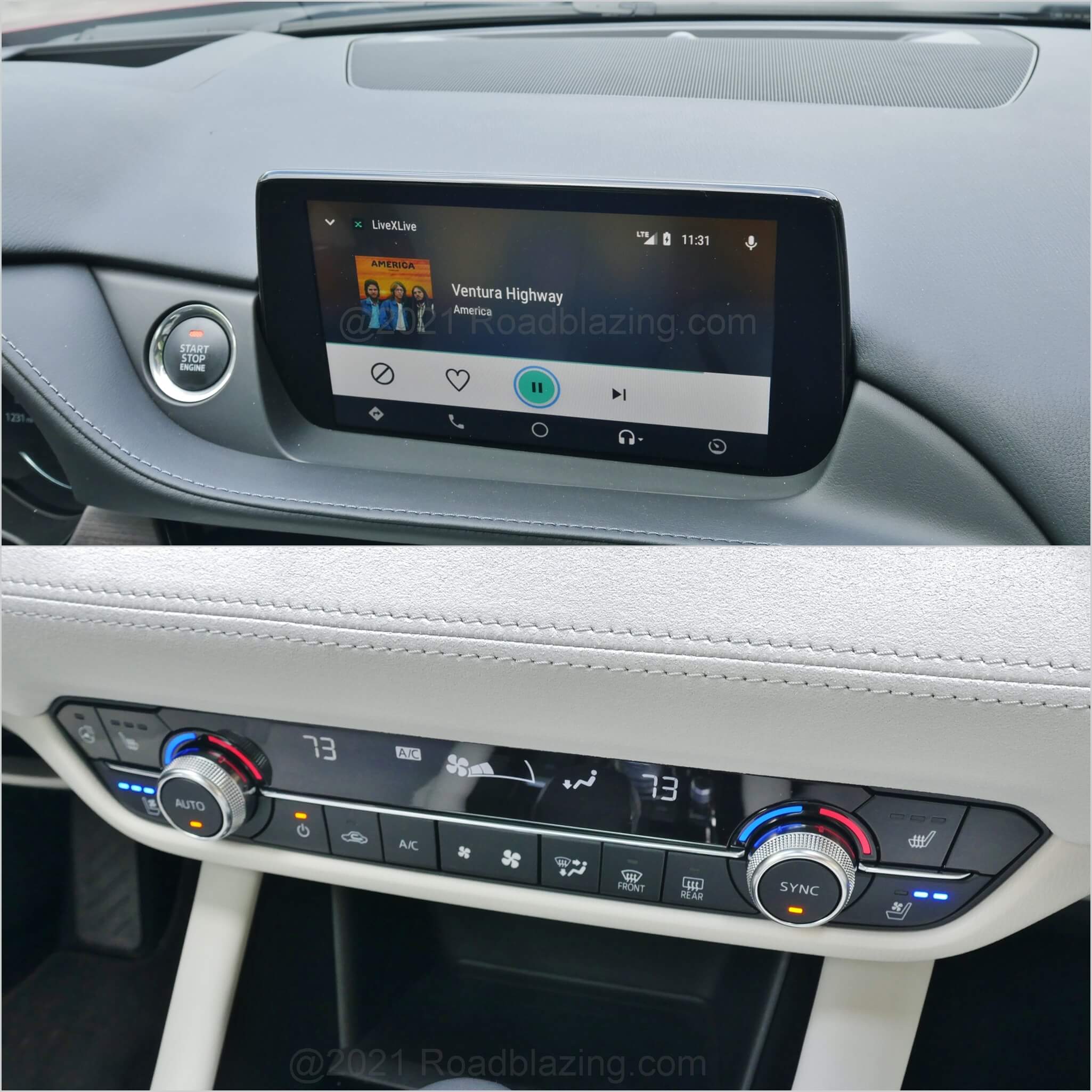 2021 Mazda 6 Signature 2.5T: precisely finished seams in panels and exquisite materials such as Ultrasuede wood mid-dashboard accents & aluminum bezels