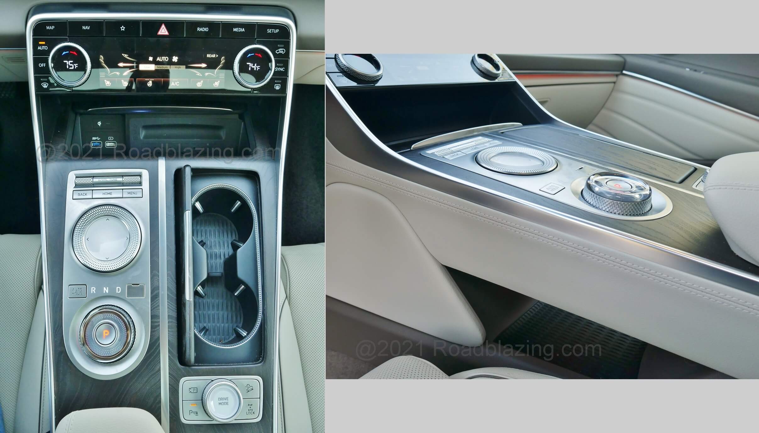 2021 Genesis GV80 2.5T AWD: Recessed fore rotary remote infotainment scroller touch pad and raised aft rotary transmission controller might initially be confused but free up much space in a floating center stack.