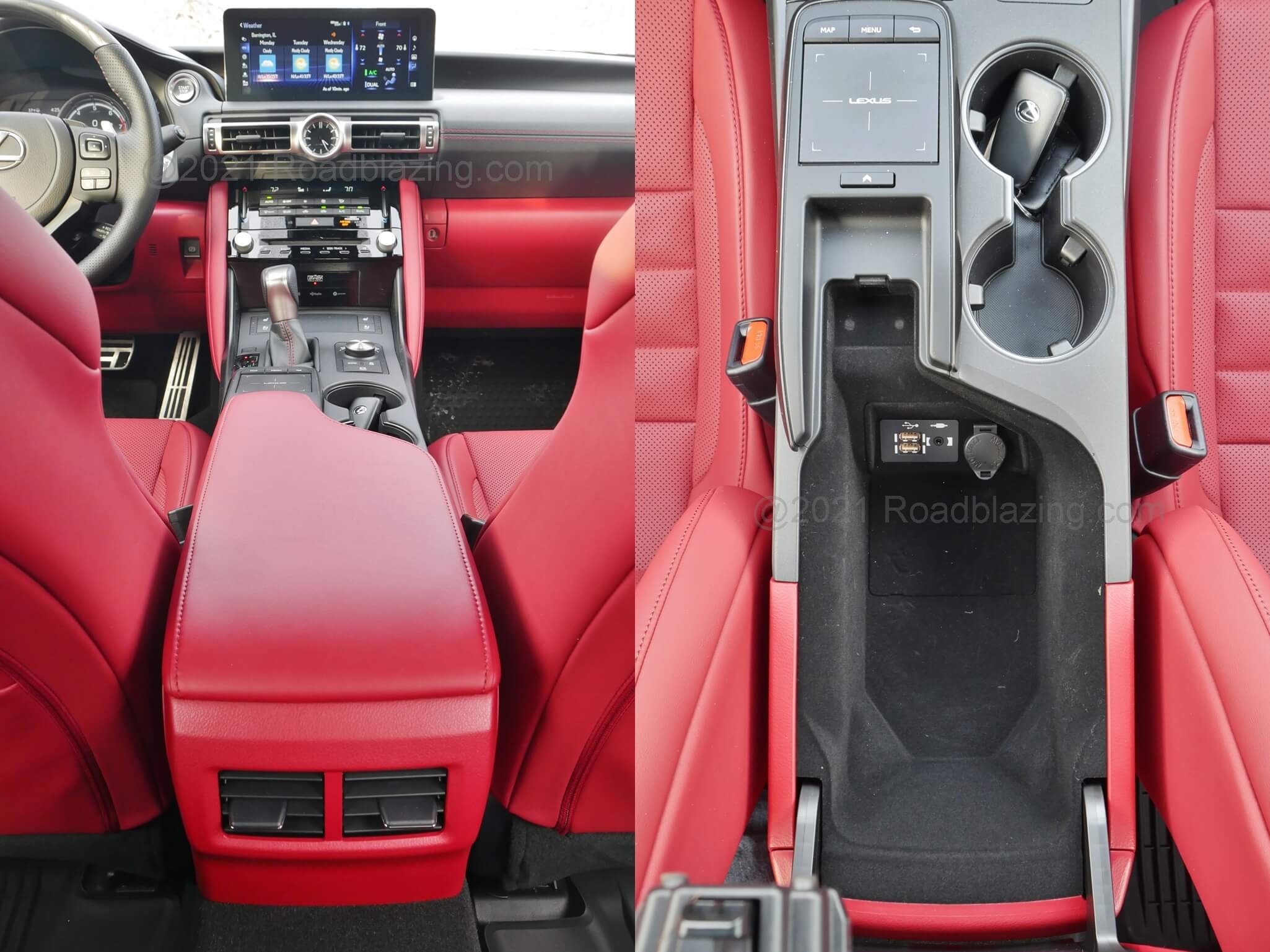 2021 Lexus IS 350 AWD: aft center console brings Row 2 ventilation & wireless device connectivity