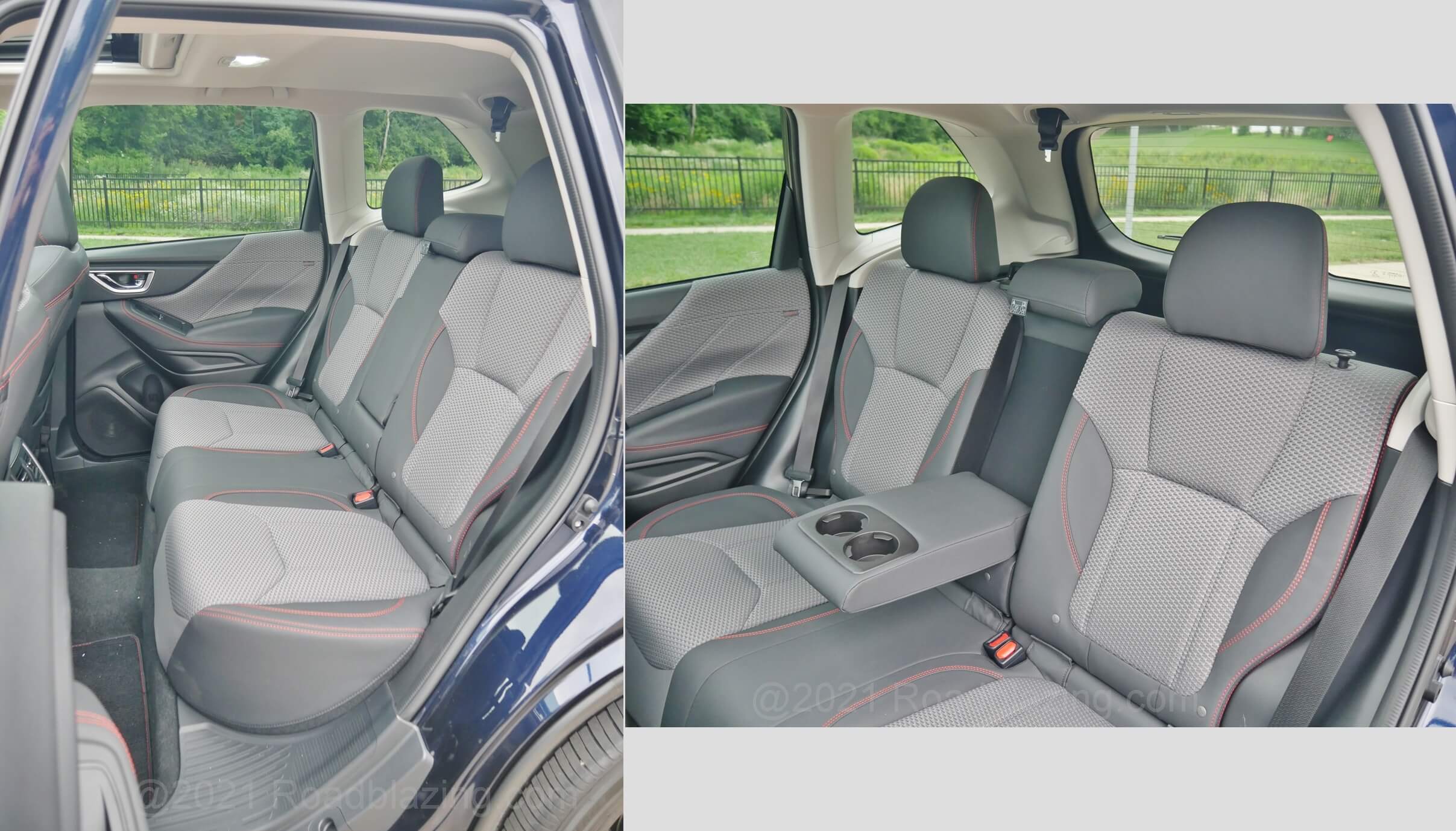 2021 Subaru Forester Sport: 2nd Row seating in tasteful contrasting light grey fabric to dark grey leatherette, w/ 60/40% split seatback recline