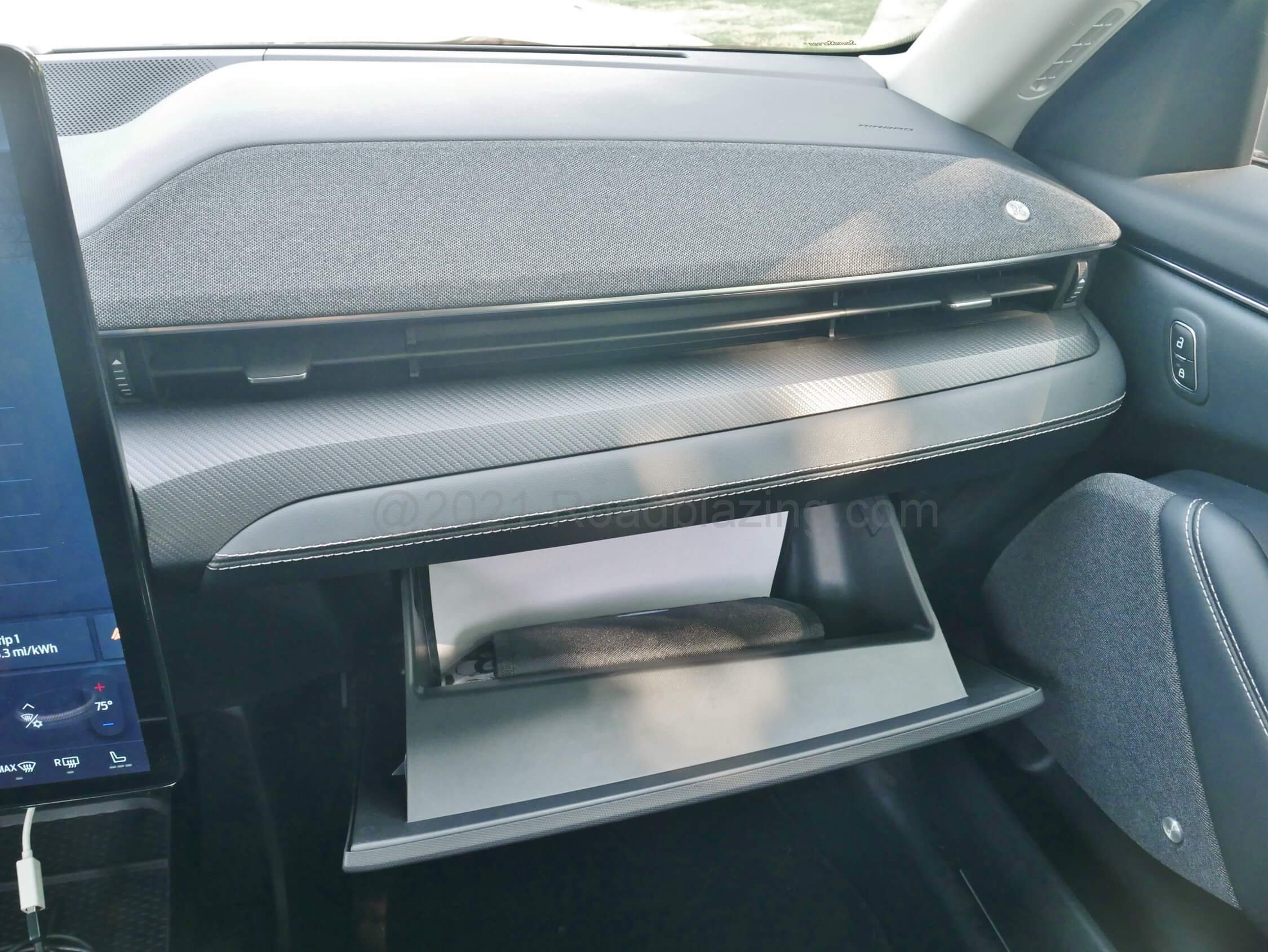 2021 Ford Mustang Mach-E Premium AWD: heather grey mesh cloth covers B&O Play dash and door audio speakers