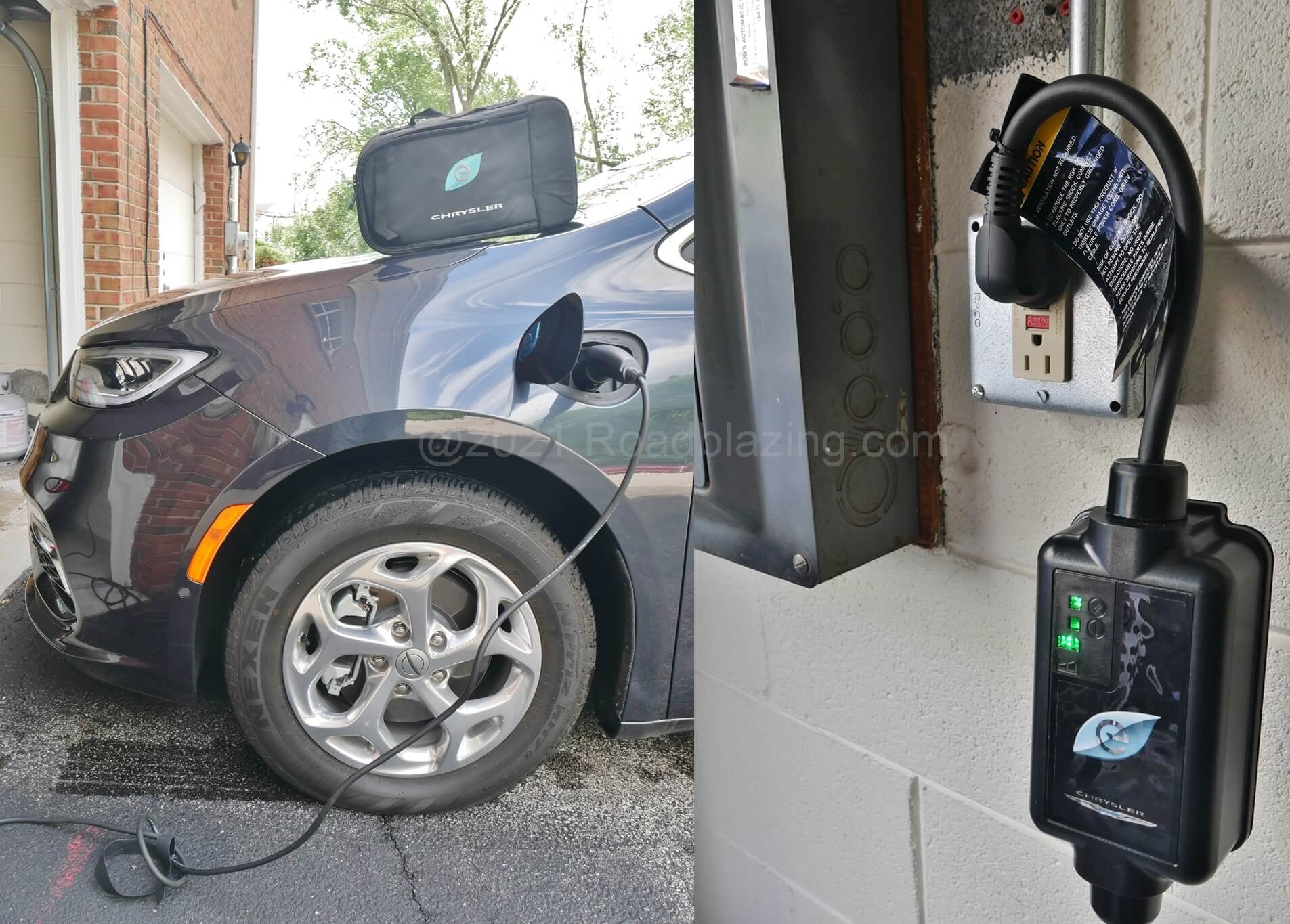 2021 Chrysler Pacifica Limited Hybrid PHEV: Slow Level 1 household 110 VAC charging. Level 2 3.7 kW charging is vastly quicker