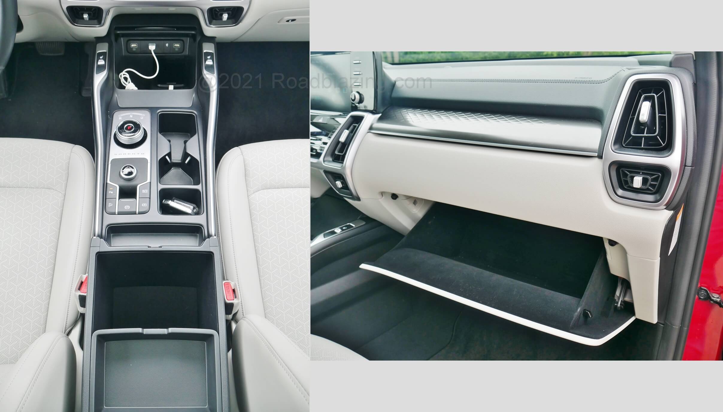 2021 Kia Sorento HEV EX 1.6T Hybrid: luxuries like soft padded panels, mouse fur lined storage, hinged cover smart phone bin and eye catching raised lattice metallic appliques