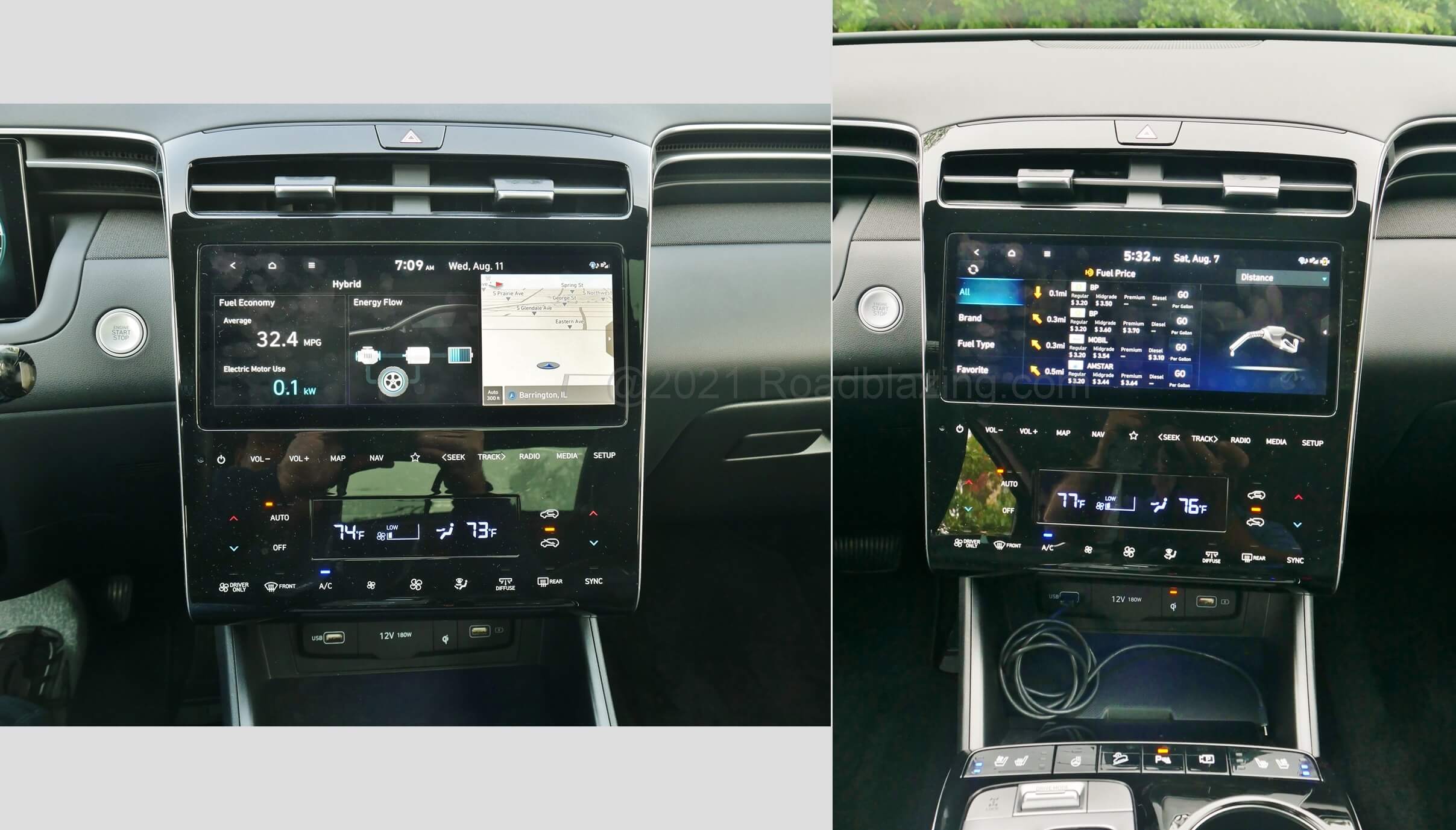 2022 Hyundai Tucson Limited Hybrid AWD: 10.25" split pane touch LCD infotainment screen displays energy flow & fuel price application