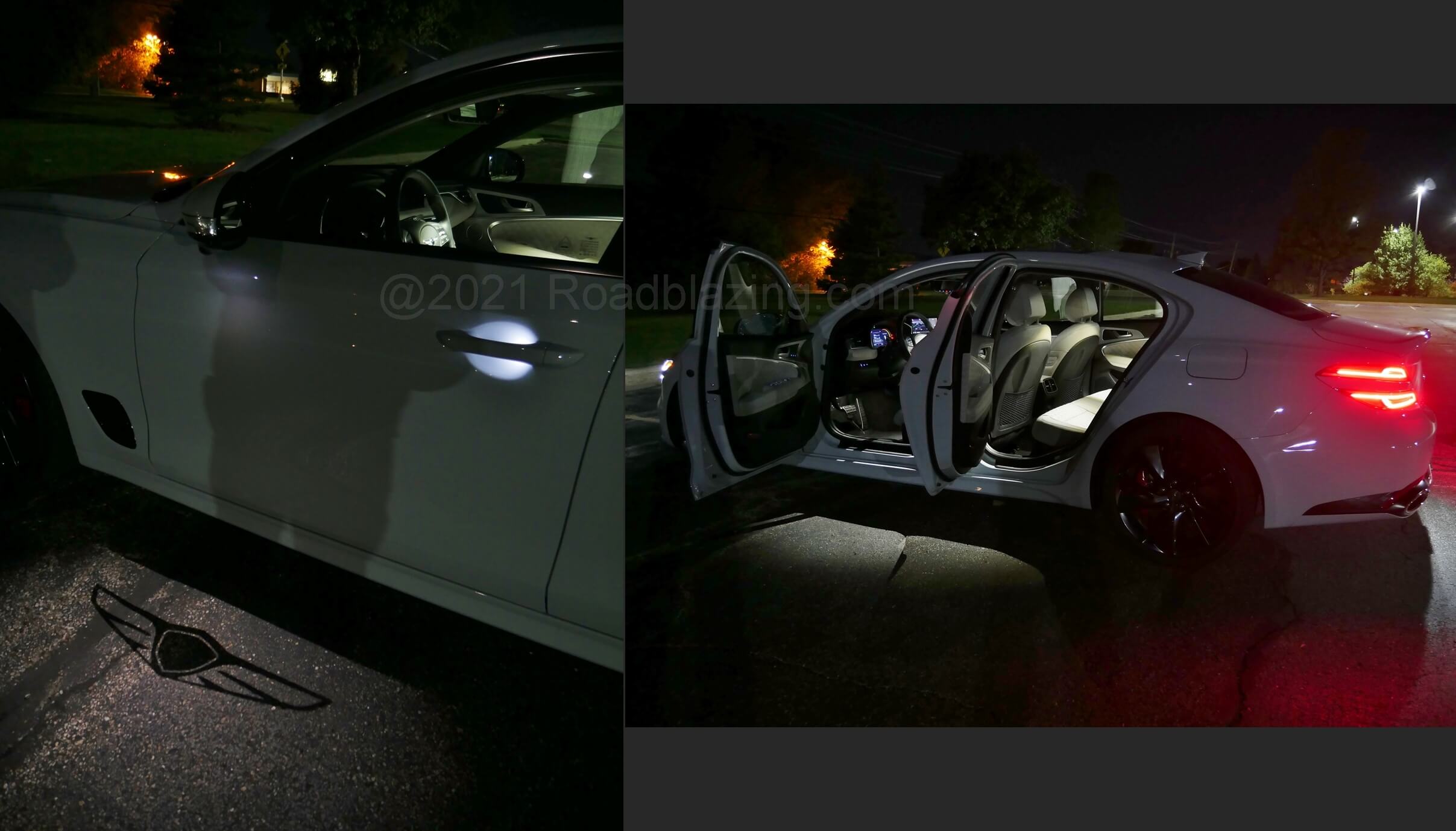 2022 Genesis G70 3.3T Sport: night time ambient cabin light & wing emblem puddle lamps