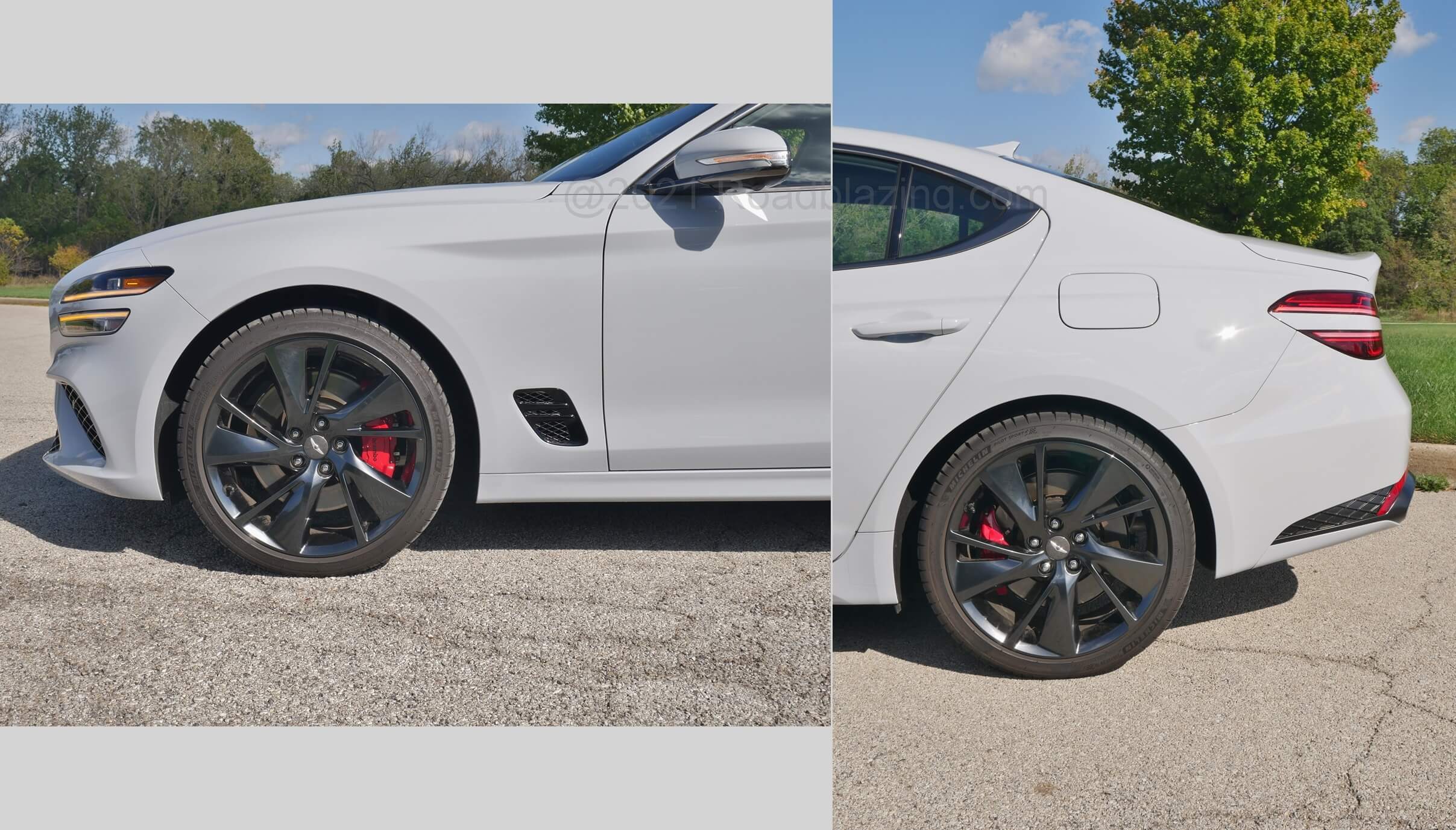 2022 Genesis G70 3.3T Sport: staggered Michelin Pilot Sport 4 Y tires on 19" darkened alloys