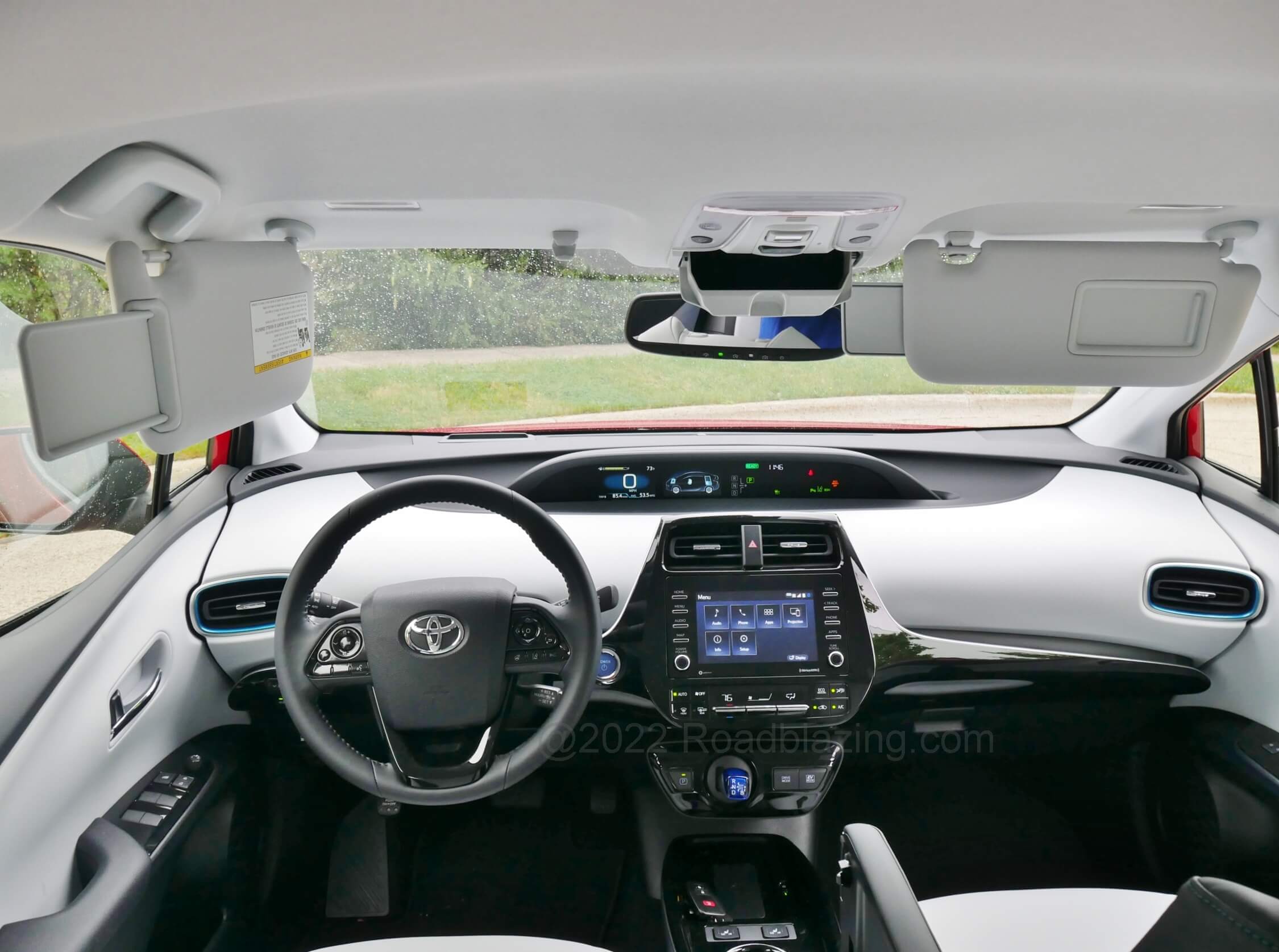 2022 Toyota Prius XLE AWD-e: Super low front cowl for visibility, extending sunvisors included.