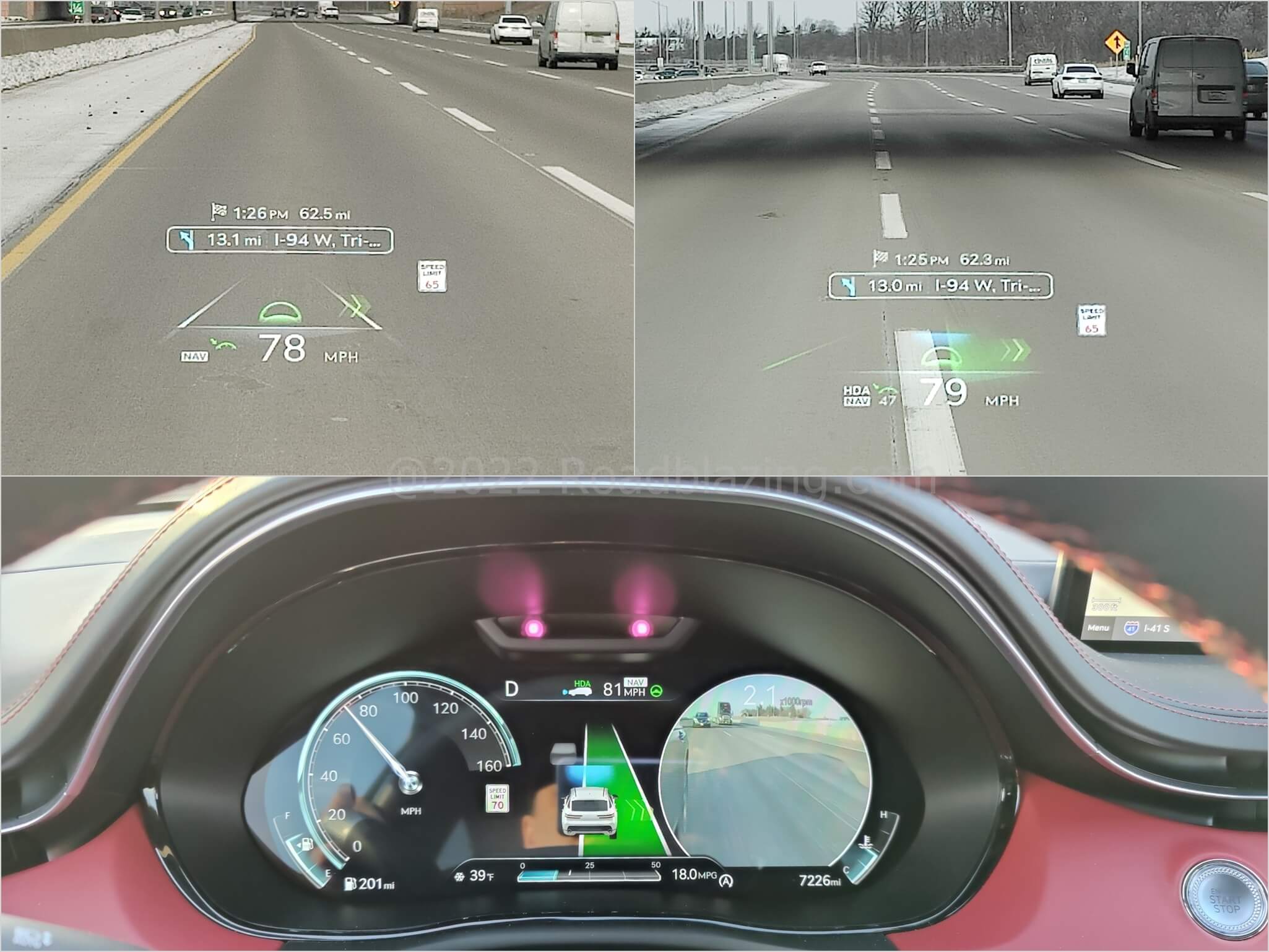 2022 Genesis GV70 3.5T AWD: adaptive cruise control w/ lane change assist viewed on 12.3" 3-D TFT gauge cluster and HUD display