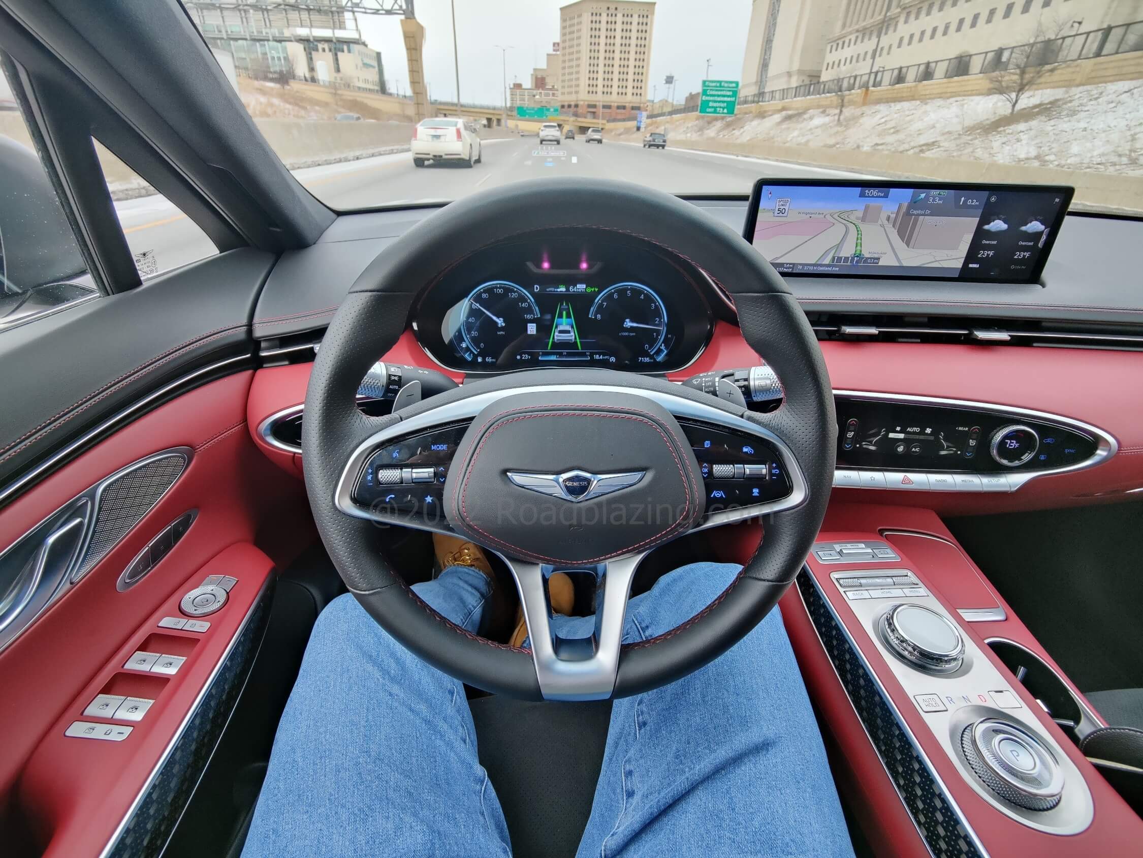 2022 Genesis GV70 3.5T AWD: native navigation 3-D streetscape view on touch & remote dial controlled 14.5" LCD landscape split media screen