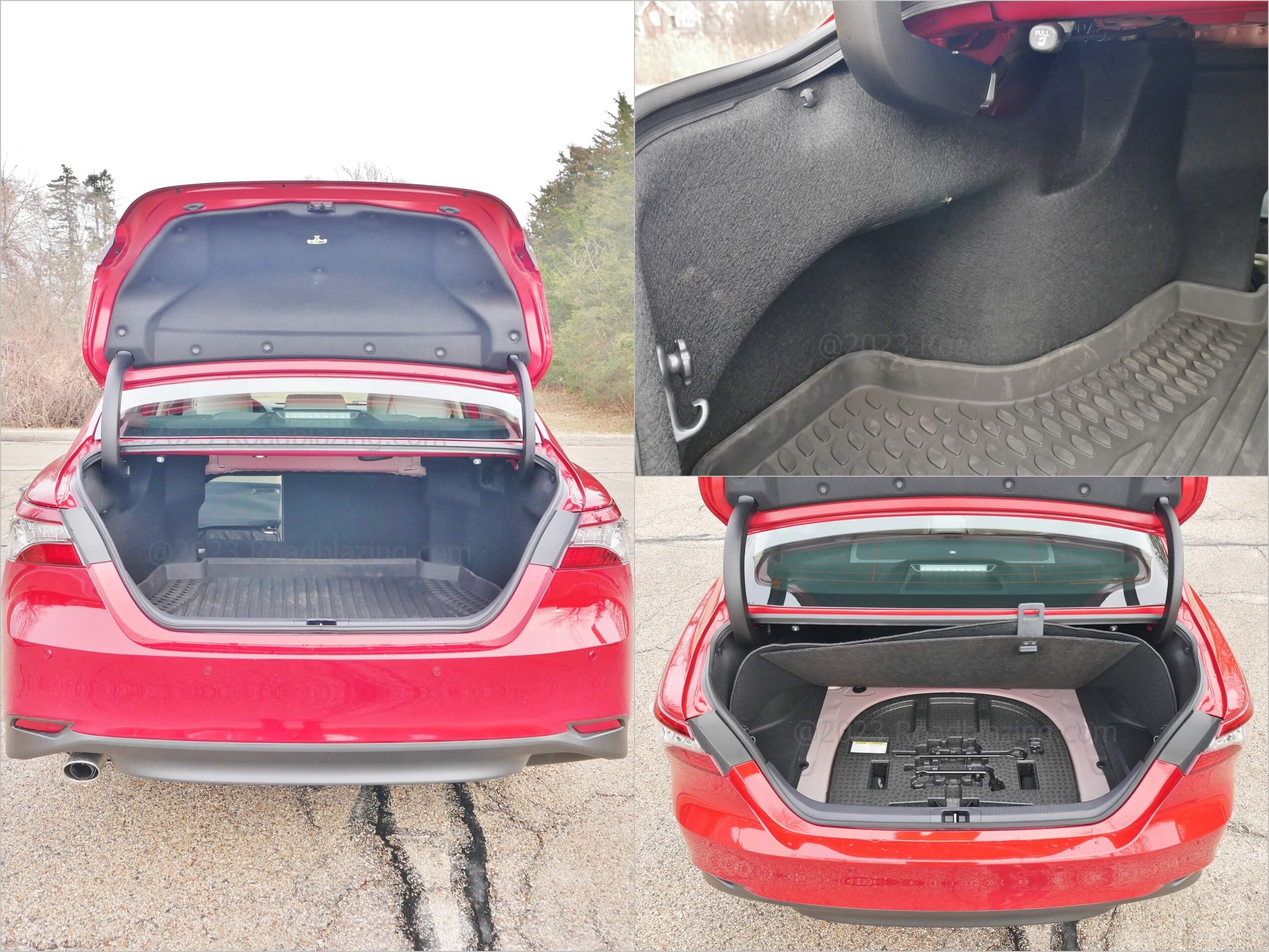 2023 Toyota Camry Hybrid XLE: accessing donut spare tire via sturdy trunk floor cover hook to upper trunk sill.