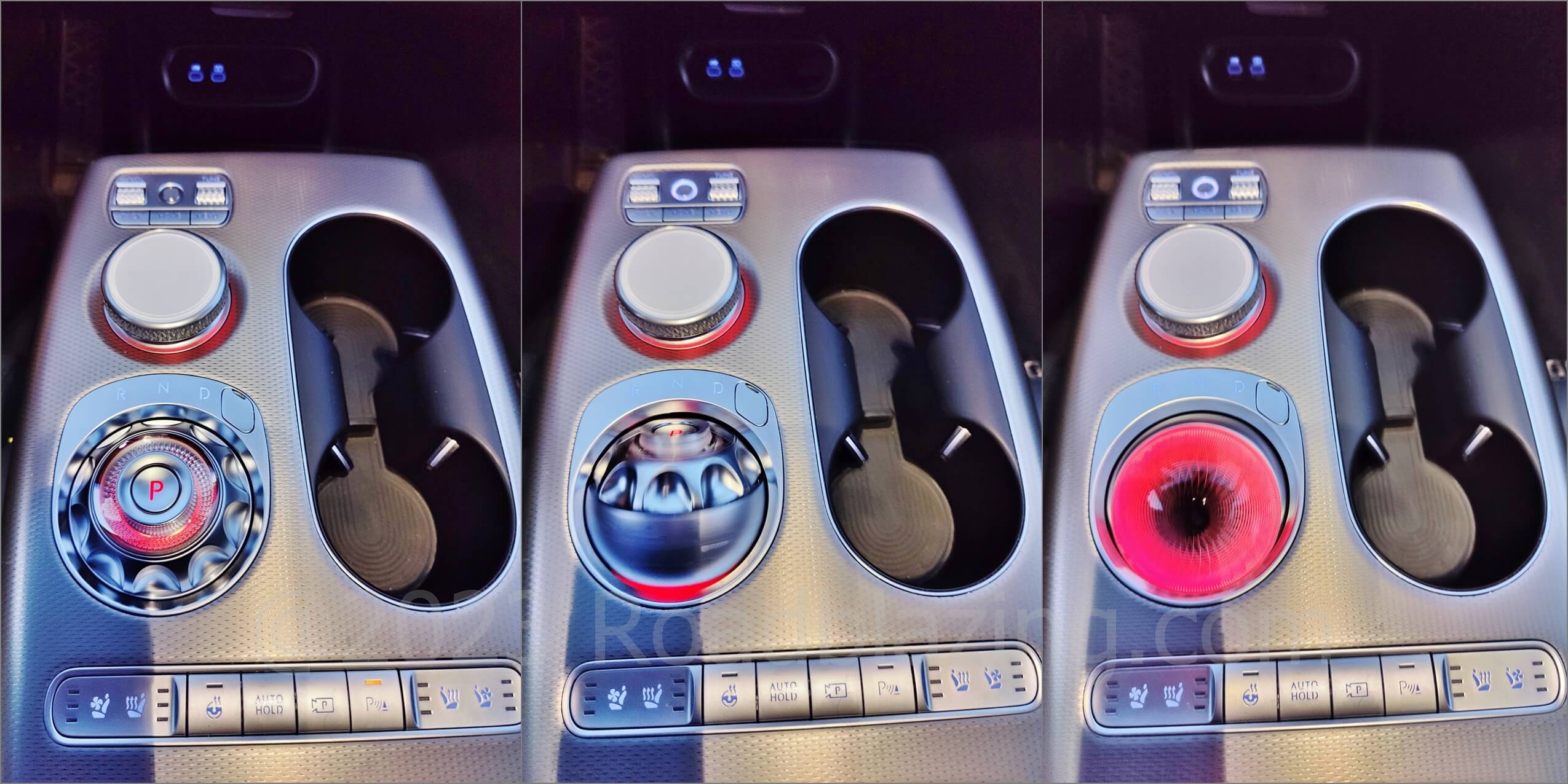 2022 Genesis GV60 Performance AWD EV: an array of hues projects through motorized inverting Crystal Sphere rotary drive position selector.
