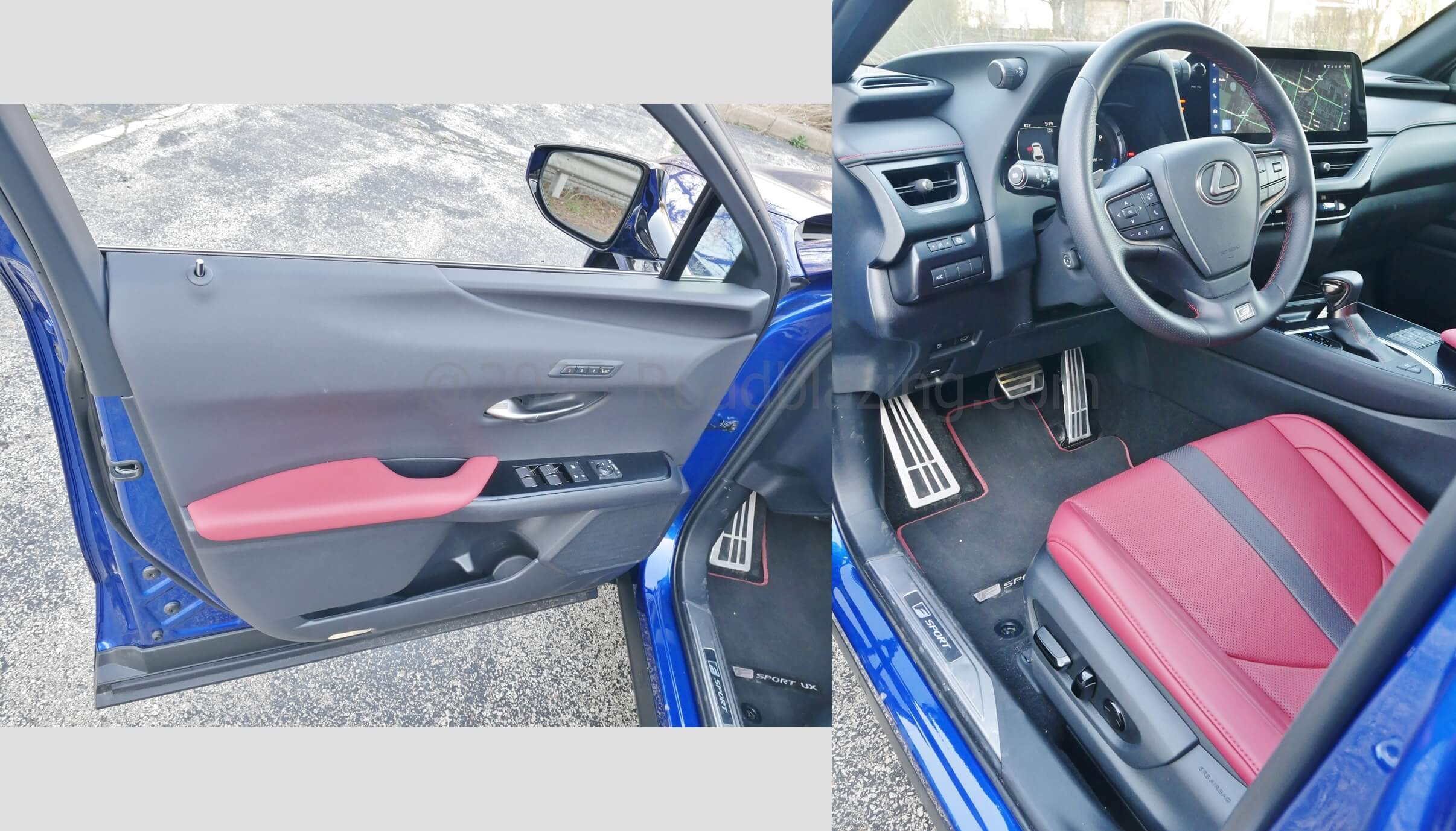 2023 Lexus UX 250 AWD F-Sport: two tone red on black cabin w/ aluminum pedal covers