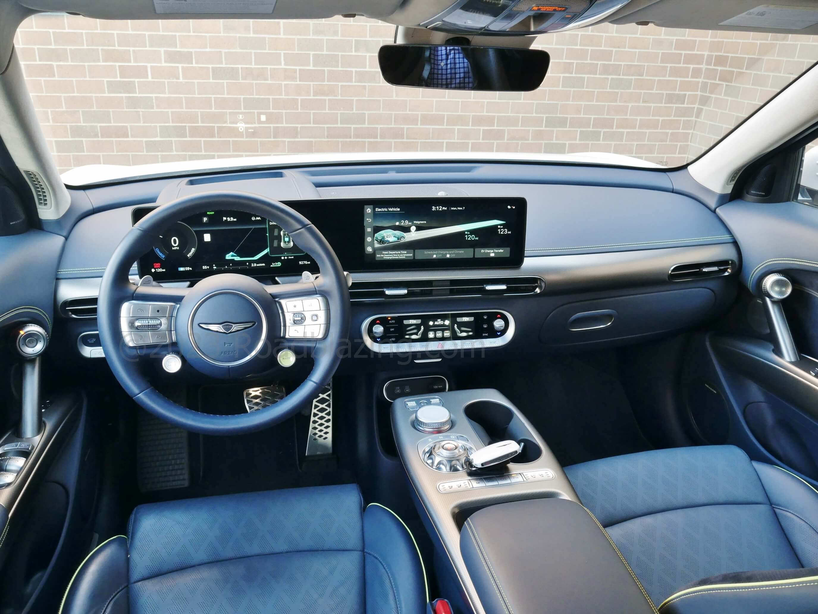 2022 Genesis GV60 Performance AWD EV: dual curved LCD 12.3" instrument & touch / remote scrolled media displays & elliptical housings dominate cockpit