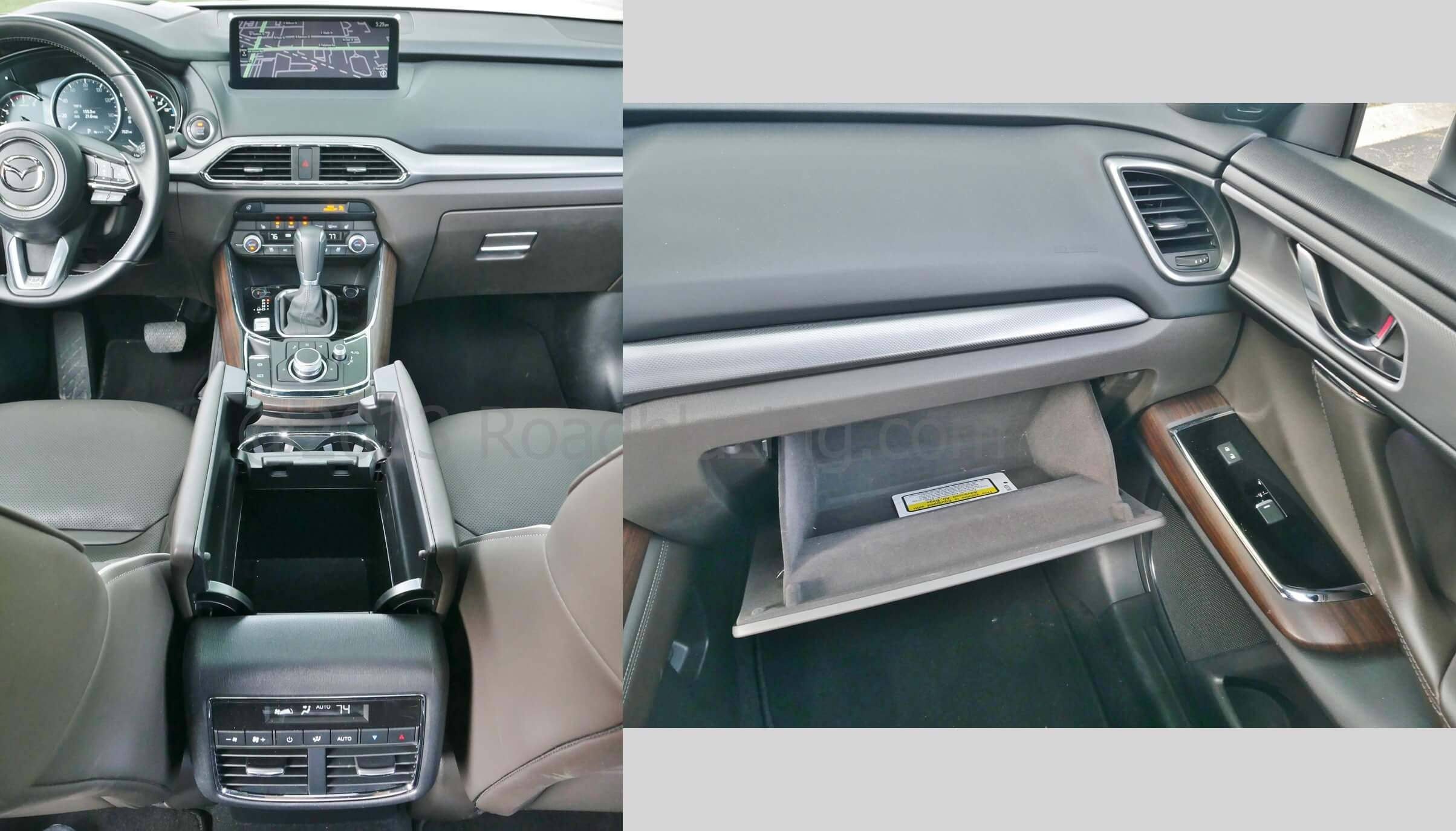2023 Mazda CX-9 Signature AWD: 2nd Row digital climate control & mousefur lined glovebox and clamshell center console bin are luxurious