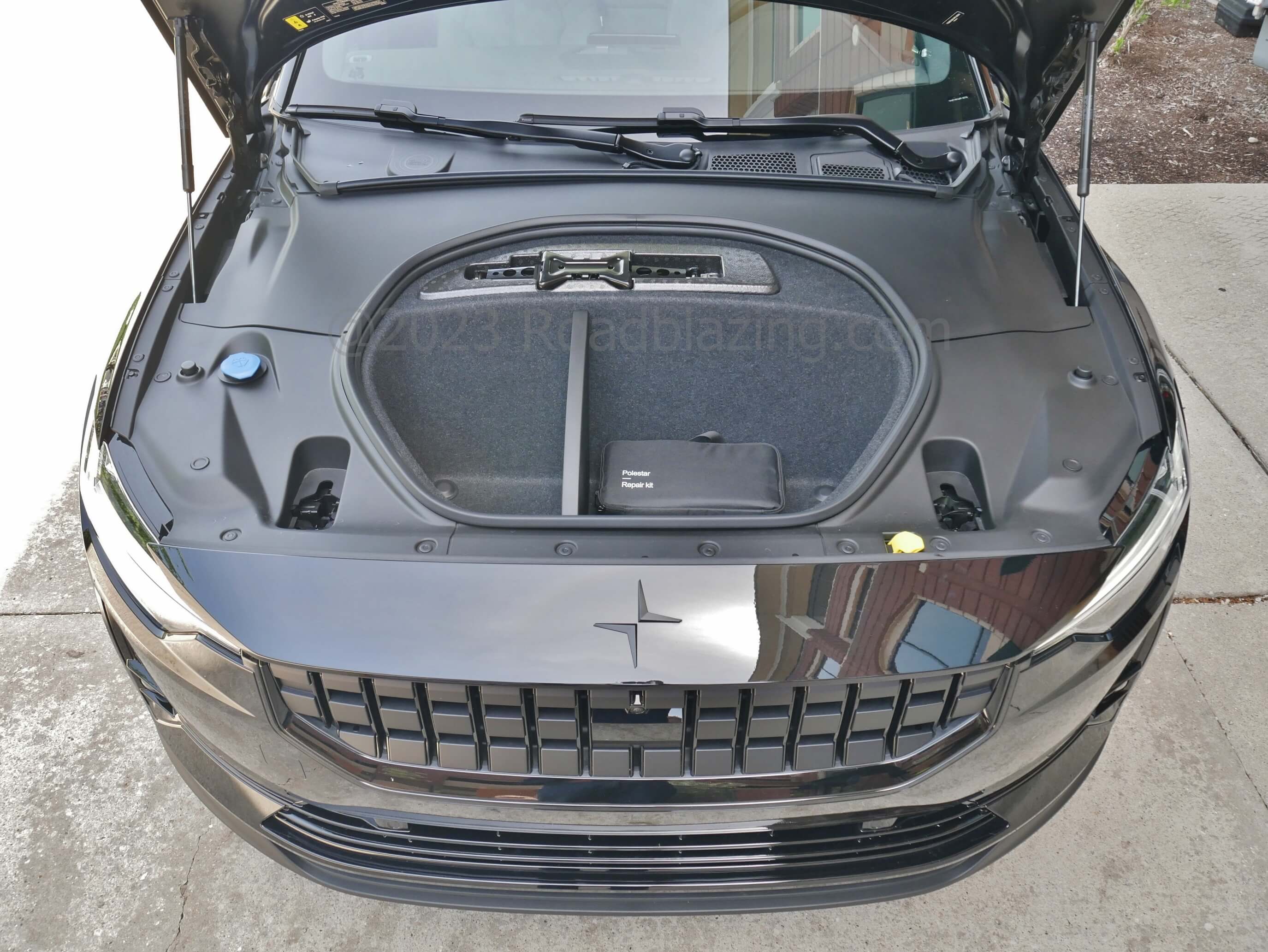 2023 Polestar 2 Dual Motor: carpeted but divided 1.2 cubic foot Frunk